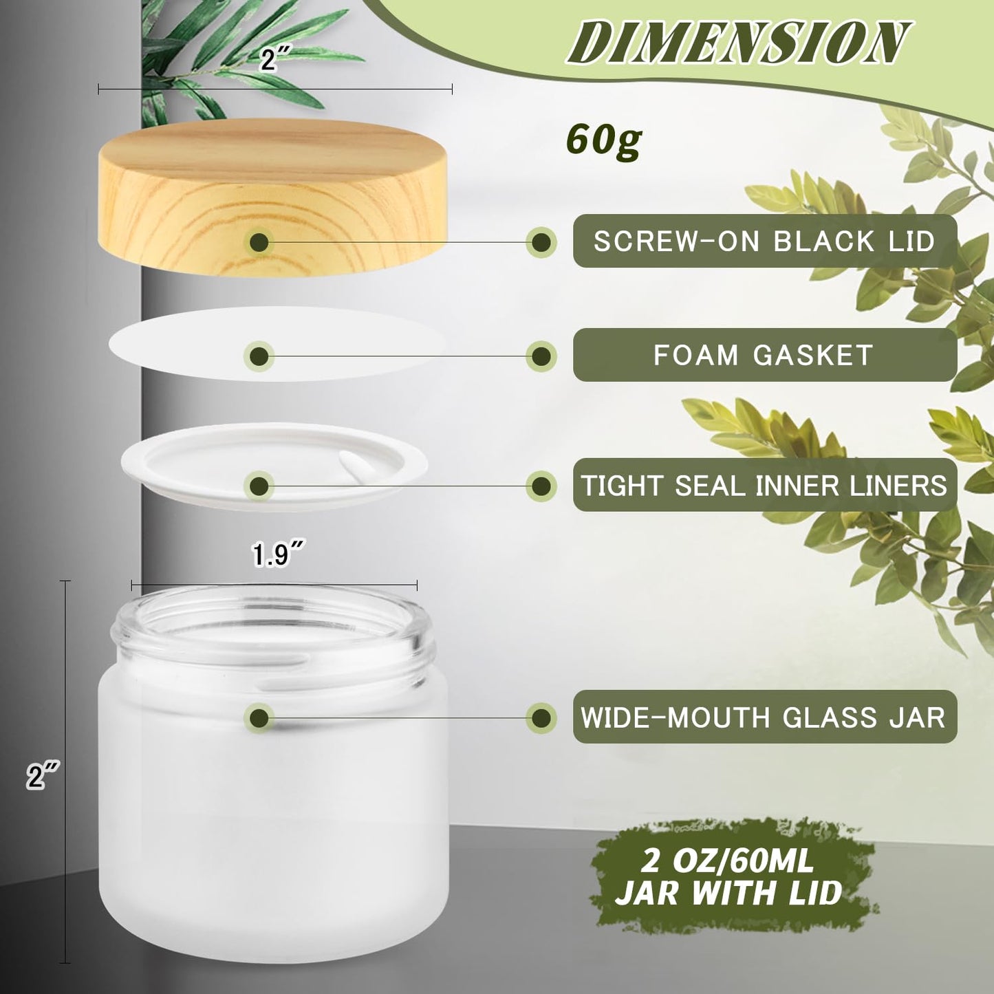DMuuuDM 12 Pcs 2 Oz Frosted Glass Jar,Empty Refillable Glass Cosmetic Container Jars Holder with Inner liner,Plastic Lid for moisturizer,Foundation,Body Butter Oil,Ointment,Spices (White)