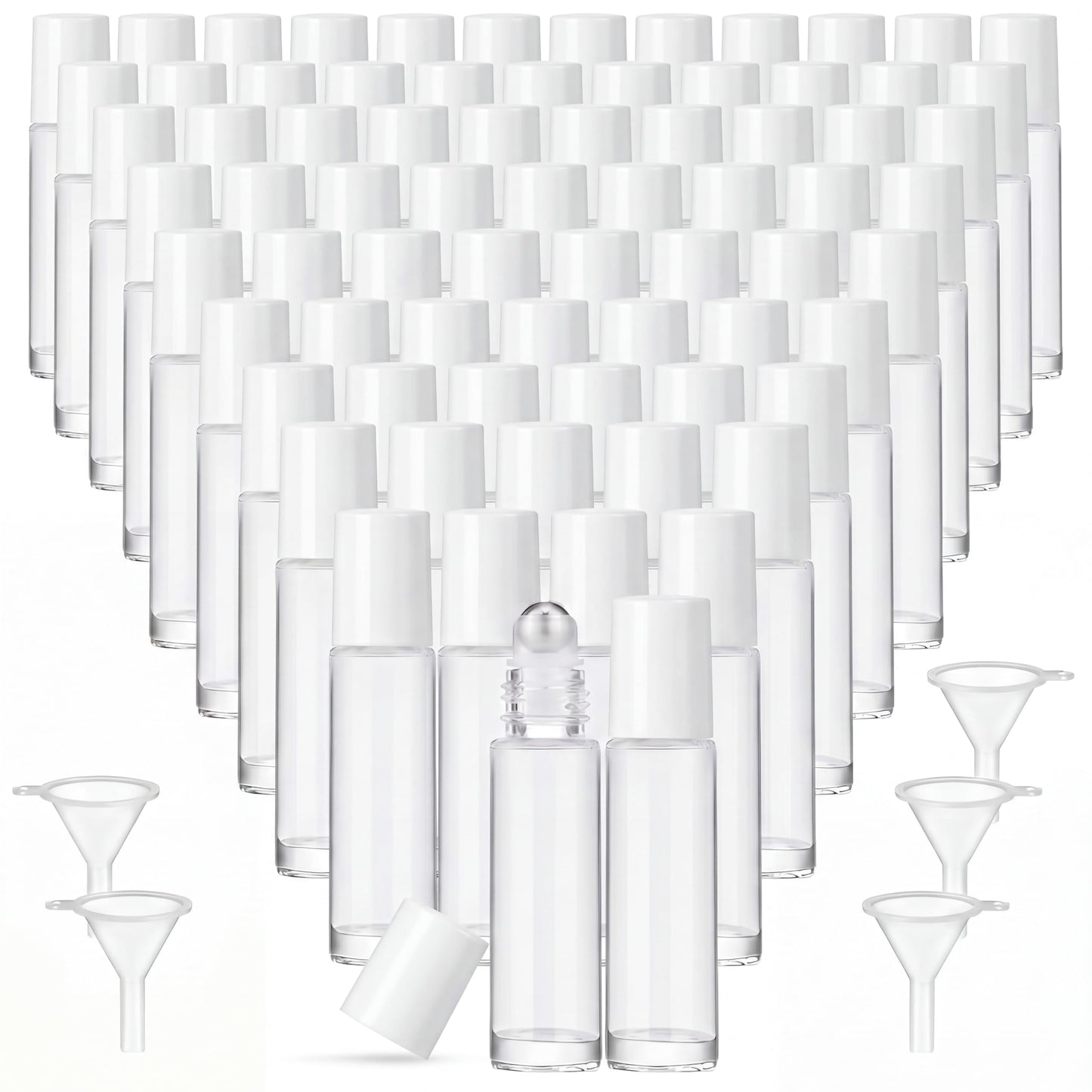 Sumind Essential Oil Roller Bottles - 250 Pcs, 10 ml Glass, Stainless Steel Roller Balls, Leakproof, Funnel Included (Clear with White Cap)