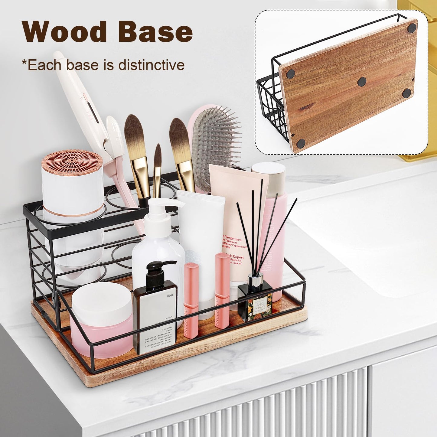 Siyzda Hair Tool Organizer, Movable Hair Dryer Holder, Hair Styling Tools Storage for Vanity, Bath Counter Organizer, Bathroom Trays for Hair Toiletry, Makeup (12" x 7.7" x 5.8", Wood-Black)