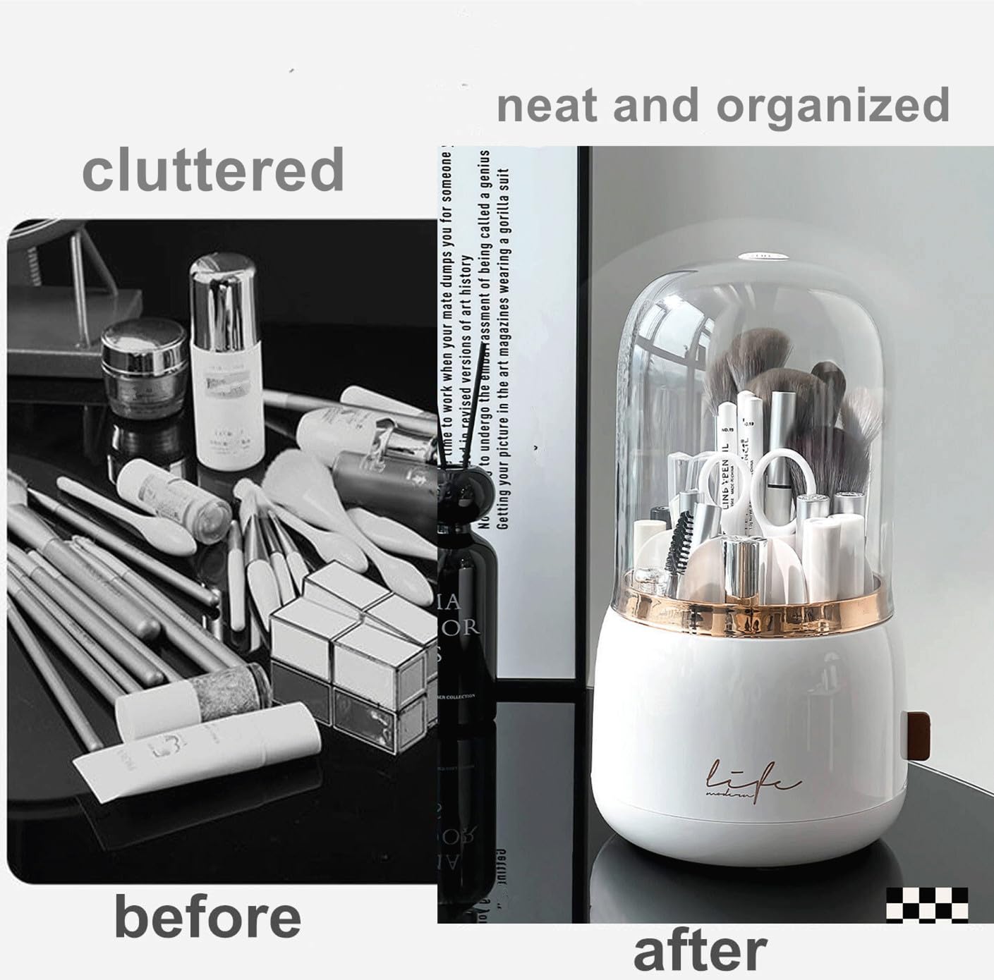 YZEASYPINK 360 Rotating Makeup Brush Holder with Lid Clear Dustproof Make Up Organizers for Vanity Countertop Includes a Foldable Bowl for Cleaning Makeup Brush Transparent Dustproof (White)