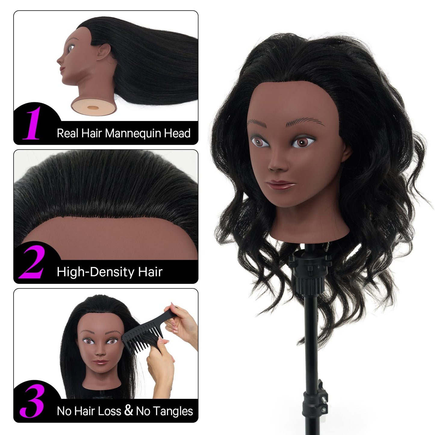 100% Mannequin Head Human Hair,18" Real Hair Mannequin Head,Cosmetology Manikin Doll Head for Hair Styling,Practice Dying, Braiding Curling Training Head with Table Clamp,Black