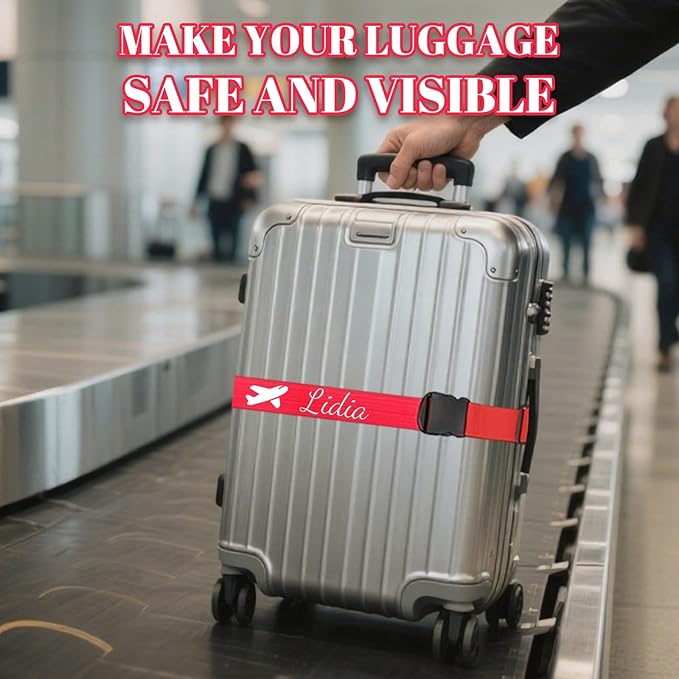 Personalised Suitcase Straps with Embroidery, Adjustable Luggage Strap with Quick-Release Buckles, Secure & Thick Luggage Straps for Suitcases, 80 Inch Custom Travel Belt for Luggage (4 Pieces)