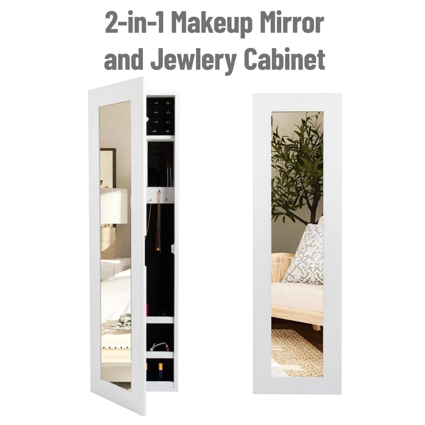Mind Reader Jewelry Organizer, Full Length Mirror, Jewelry Armoire, Storage, Wall Mount, Wood, 12.5"L x 3.5"W x 43.5"H, White