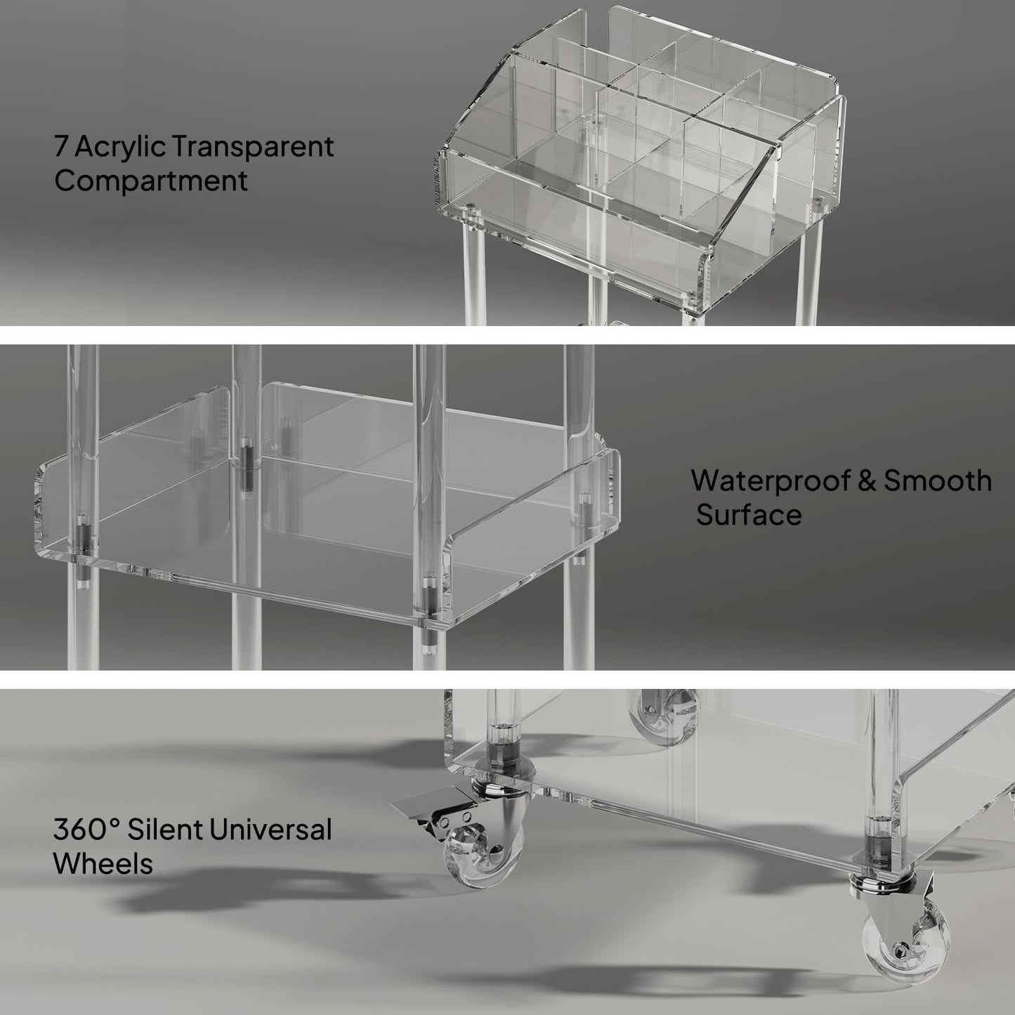 Aquiver Acrylic Makeup Organizer Storage Cart - 3 Tier Rolling Makeup Cart Vanity Organizer - Cosmetics Display Cases Holder for Skincare Cosmetics, 11.8'' L x 9.8'' W x 31.7'' H, Clear