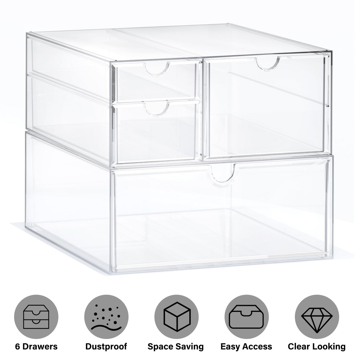 Prsildan Acrylic Drawer Makeup Organizer with 4 Drawers, Set of 2 Office Desk Organizers Accessories, Clear Stackable Storage Drawers for Vanity, Countertop, Craft, Jewelry, Art Supply Organization