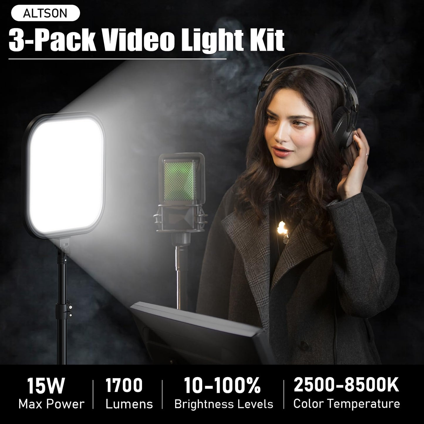 ALTSON 3 Pack LED Video Panel Light, 2500-8500K Dimmable Studio Lights with Tripod Stand & Phone Holder, 78" Photography Lighting Kit for Video Recording, Game Streaming, Photography, Tiktok, YouTube