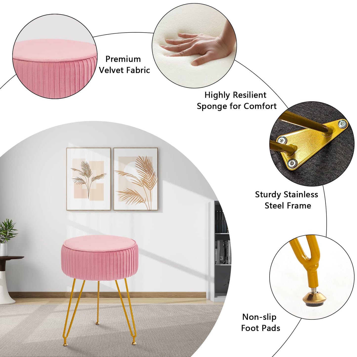 Leesingdo Velvet Vanity Stool, Modern Ottoman Foot Rest Stool with Adjustable Golden Legs, Makeup Chair for Vanity, Multifunctional Small Vanity Chair for Bedroom, Pink