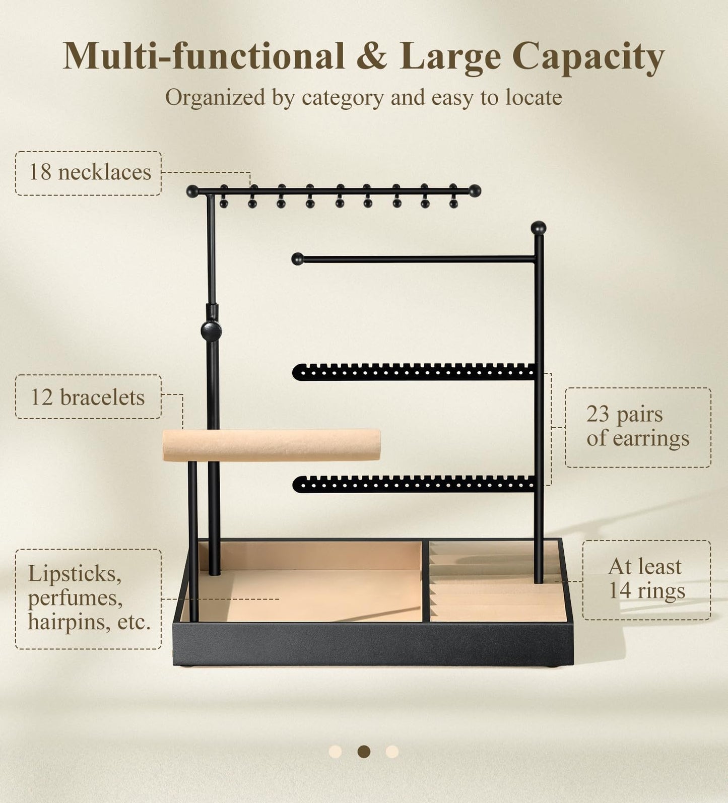 Emibele Jewelry Holder, Jewelry Organizer Stand Necklace Earring Bracelet Holder, 5 Tier Jewelry Display Tower Rack with Metal Frame and Velvet Ring Tray, Aesthetic Jewelry Stand Gift for Women, Black