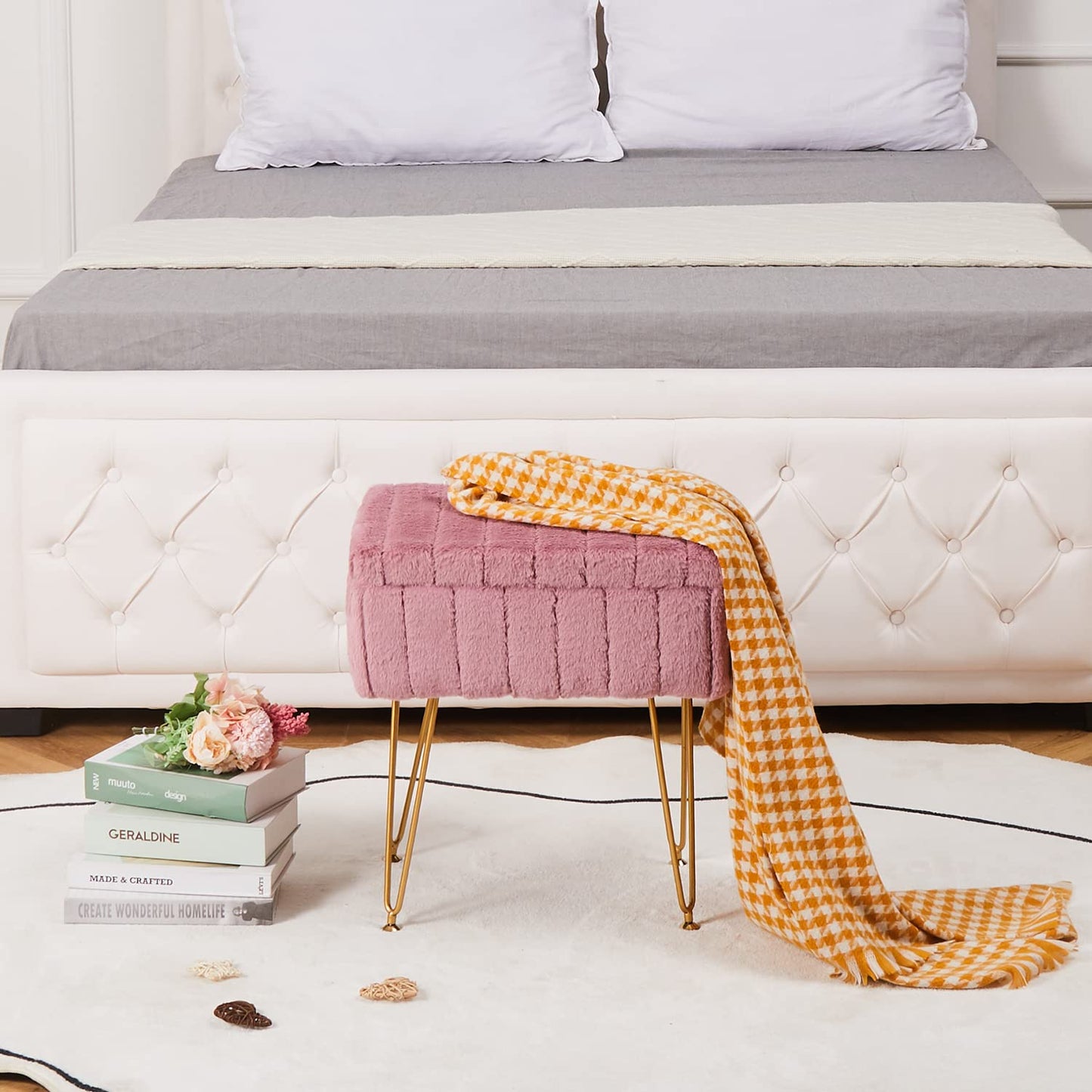 Wimarsbon Faux Mink Fur Storage Ottoman, Modern Soft Footstool, Storage Bench with Metal Legs, Vanity Seat, Fur Stool, Ottoman Coffee Table, Makeup Chair, Vanity Stools for Bedroom (Pink)