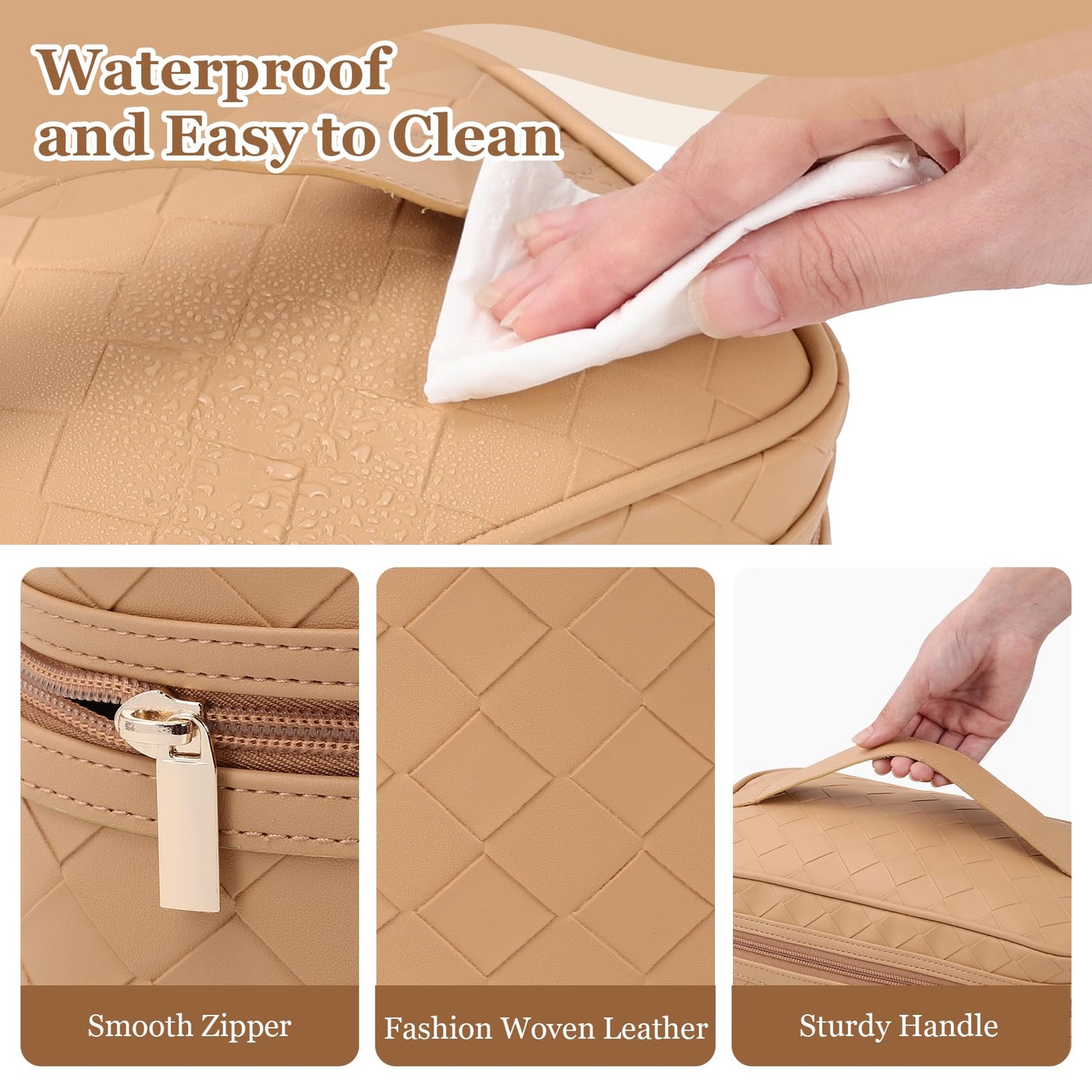Dajasan Makeup Bag Cosmetic Bag, Travel Makeup Bag, Large Capacity Makeup Organizer Bag, Portable Travel Toiletry Bag for Women Girls, PU Leather Waterproof 11.81 x 6.7 x 7.09 Inch (Khaki)