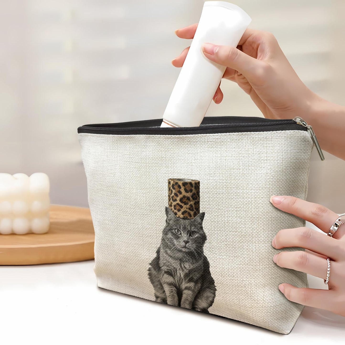 TopXmai Funny Cat Leopard Print Makeup Bags, Cat Lover Gifts Cosmetic Bag for Women, Animal Lover Gifts, Trendy Quirky Cheetah Print Animal Makeup Pouch,B088