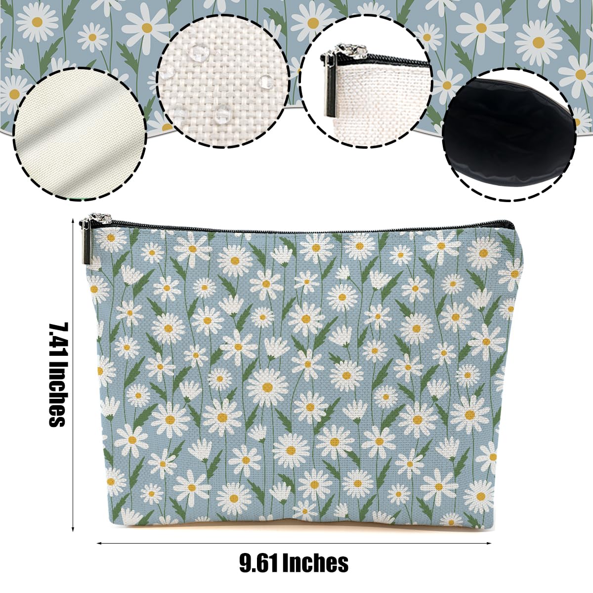 DHKG 4pcs Vintage Floral Makeup Bag, Daisy Flower Cosmetic Bag Garden Gifts for Women Female Girls Sister BFF Nature Lover, Travel Zipper Pouch Christmas Thanksgiving Birthday Gifts