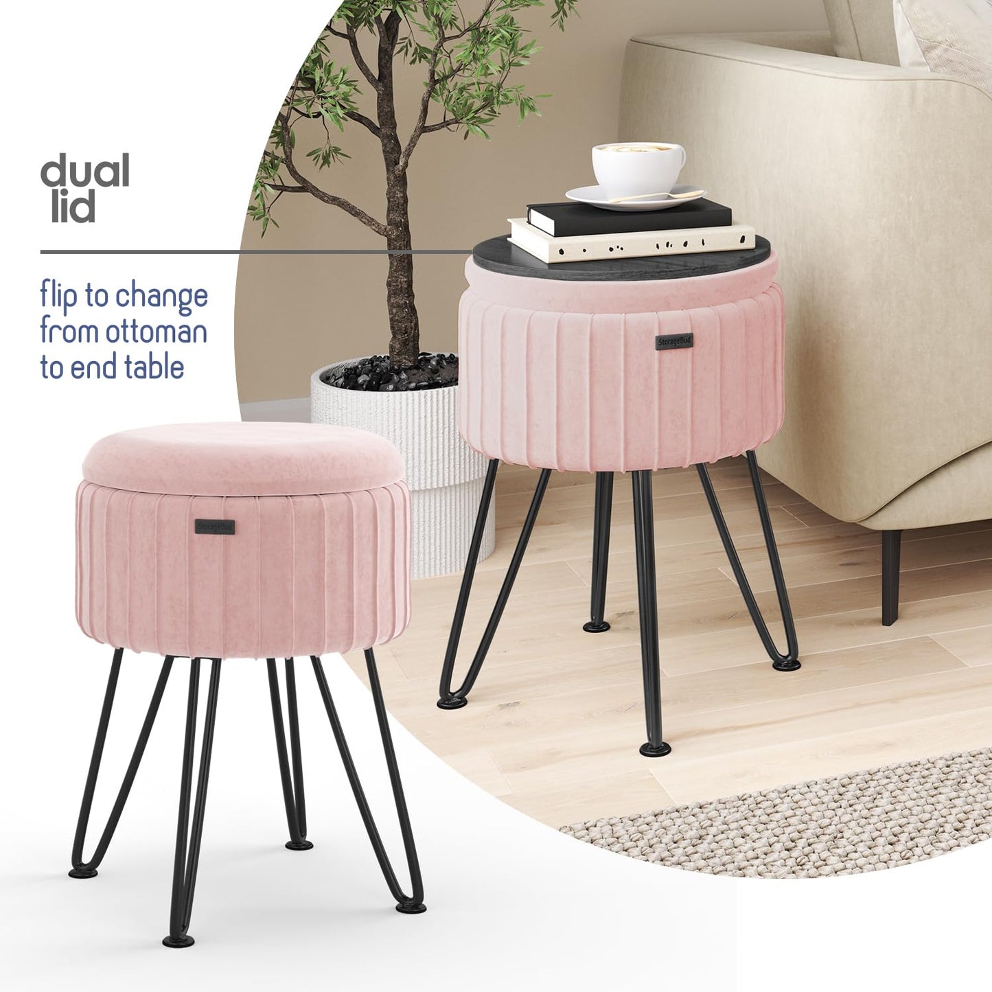 STORAGEBUD Round Ottoman with Storage, Pleated Velvet Storage Ottoman, Foot Stool Ottomans, Makeup Vanity Stool, Small Ottomans Foot Rest, Modern Vanity Stools for Living Room and Bedroom, Pink
