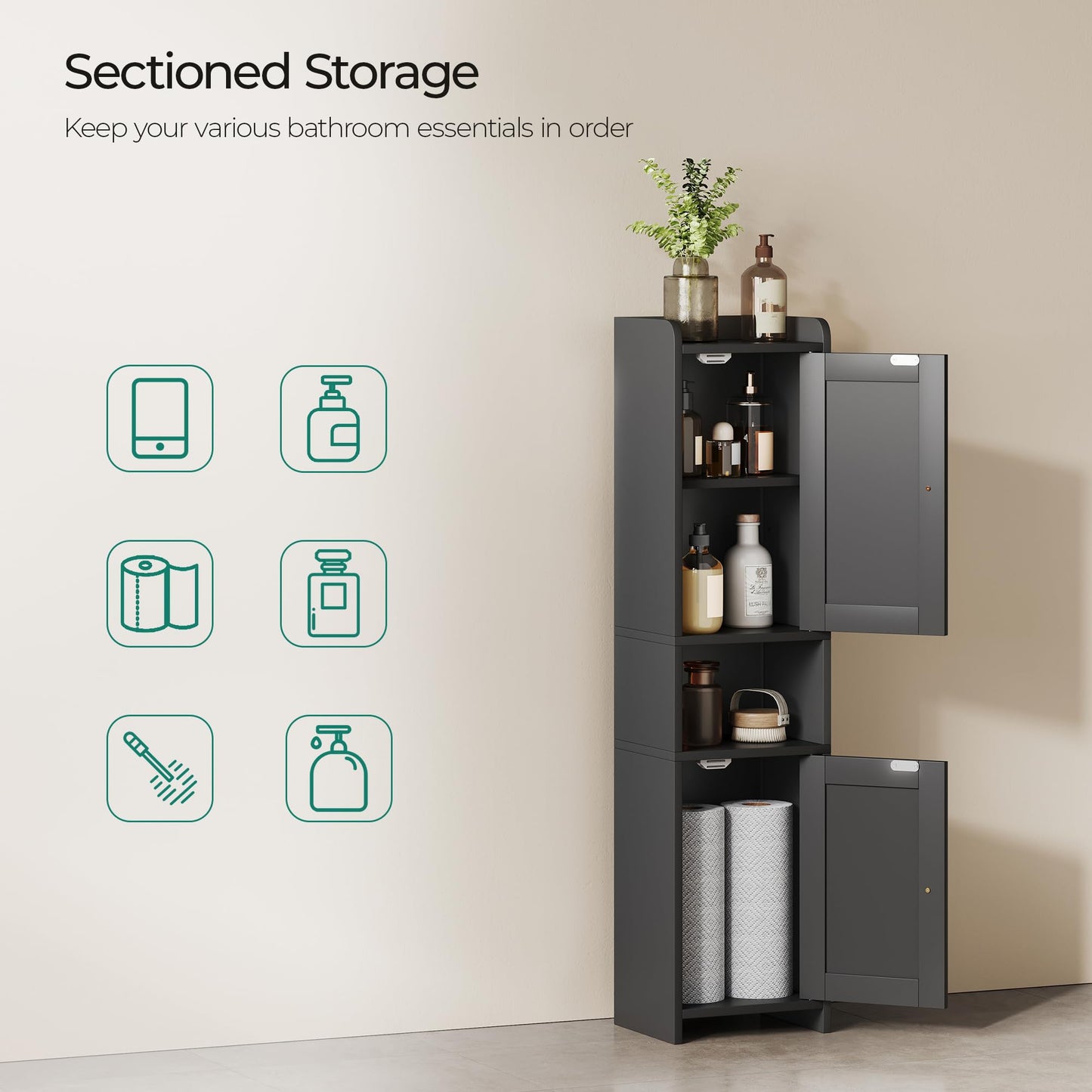 GLANZALANT Bathroom Cabinet with 2 Doors, 7.3 x 9.8 x 40.4 Inches, Small Freestanding Storage Cabinet with Adjustable Shelf, Floor Cabinet for Small Spaces, Bathroom, Entrances, Kitchen, Black