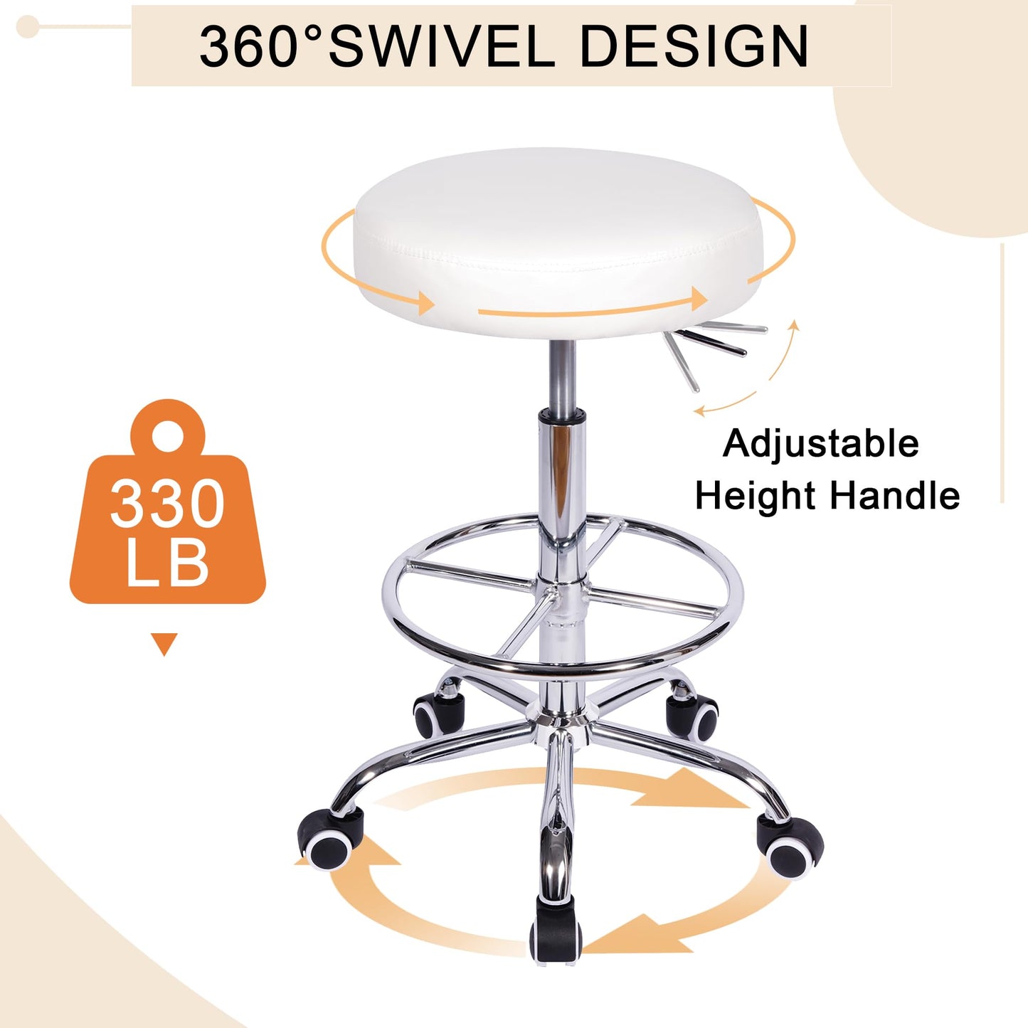 VECELO Round Rolling Stool with Footrest and Wheels, Easy Assembly PU Leather Height Adjustable Drafting Swivel Chair for Spa Salon, Office, Medical, Beauty, Bar, Lab, White