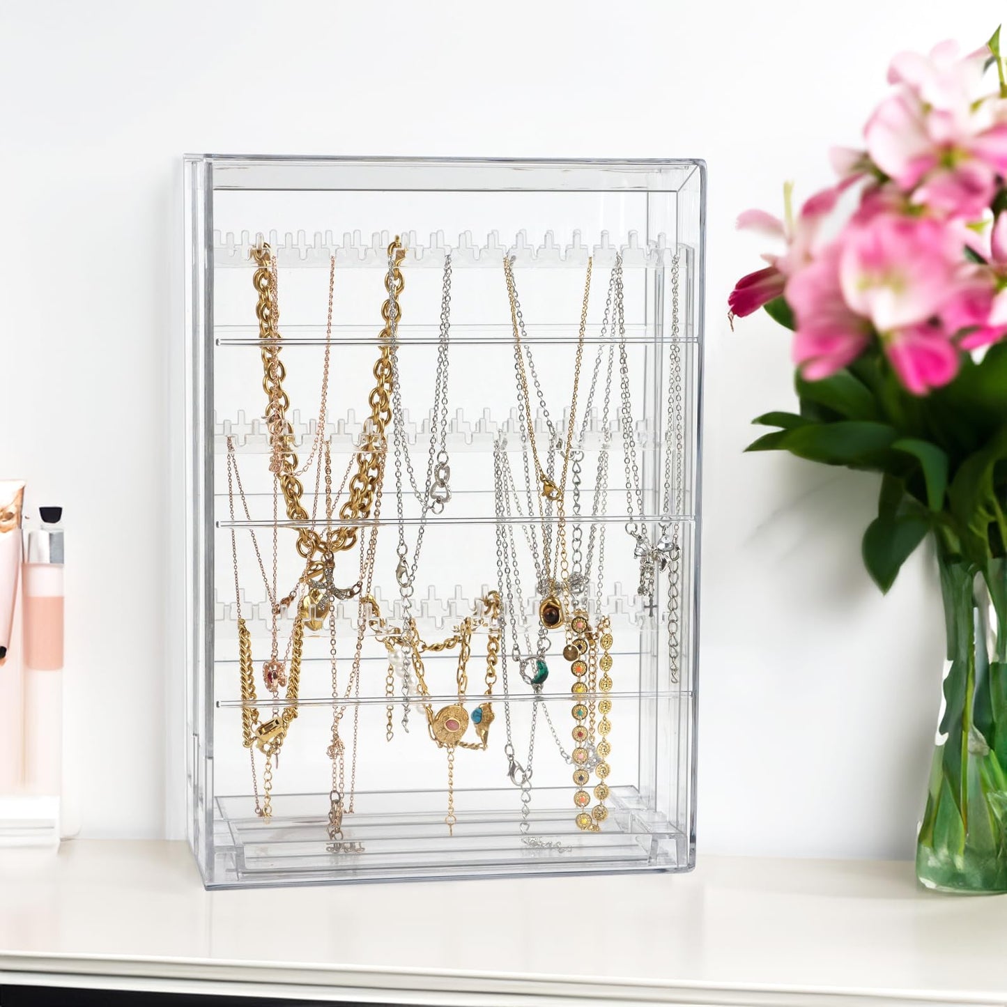 Fordonral Clear Necklace Holder Organizer with 96 Hooks, Transparent Jewelry Box for Necklaces,Earrings,Bracelet - Jewelry Display Box Storage Case