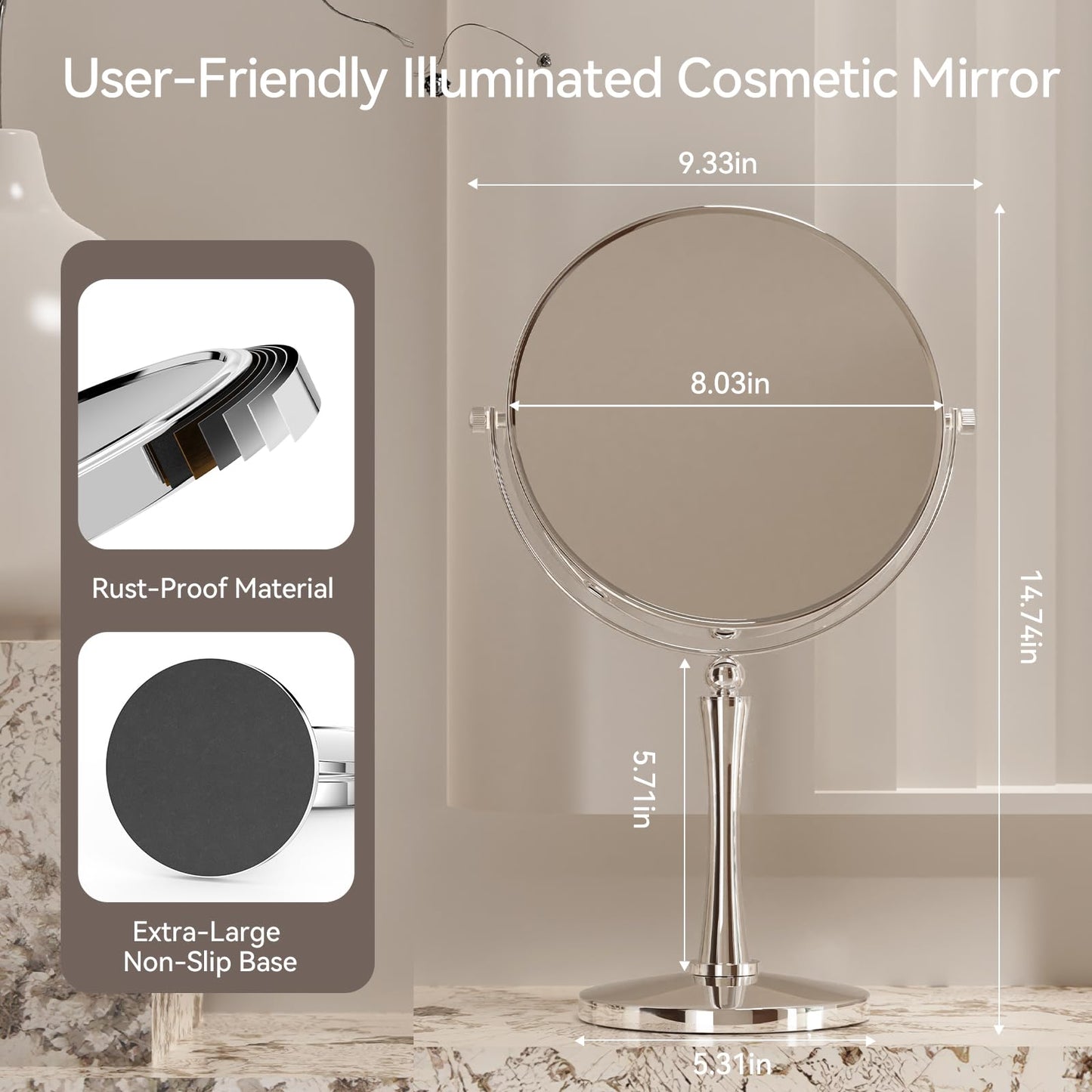 GURUN 8-inch Tabletop Makeup Mirror, 1X/20X Magnifying Vanity Mirror, 360° Rotation Dual-Sided Makeup Mirror, Ideal for Women Mom Chrome Finish M2310(8in,20X)