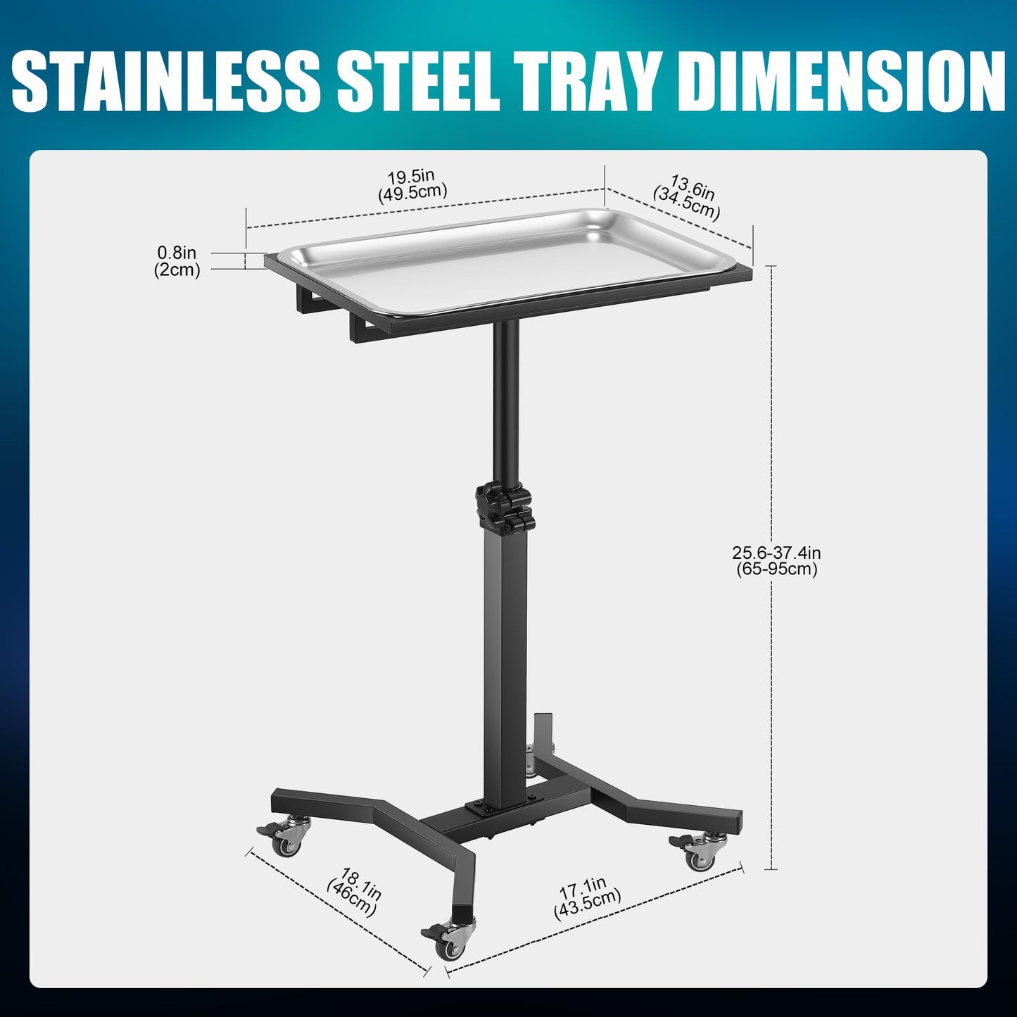 Poarmeey Adjustable Rolling Tattoo Tray Cart Stainless Steel Trolley