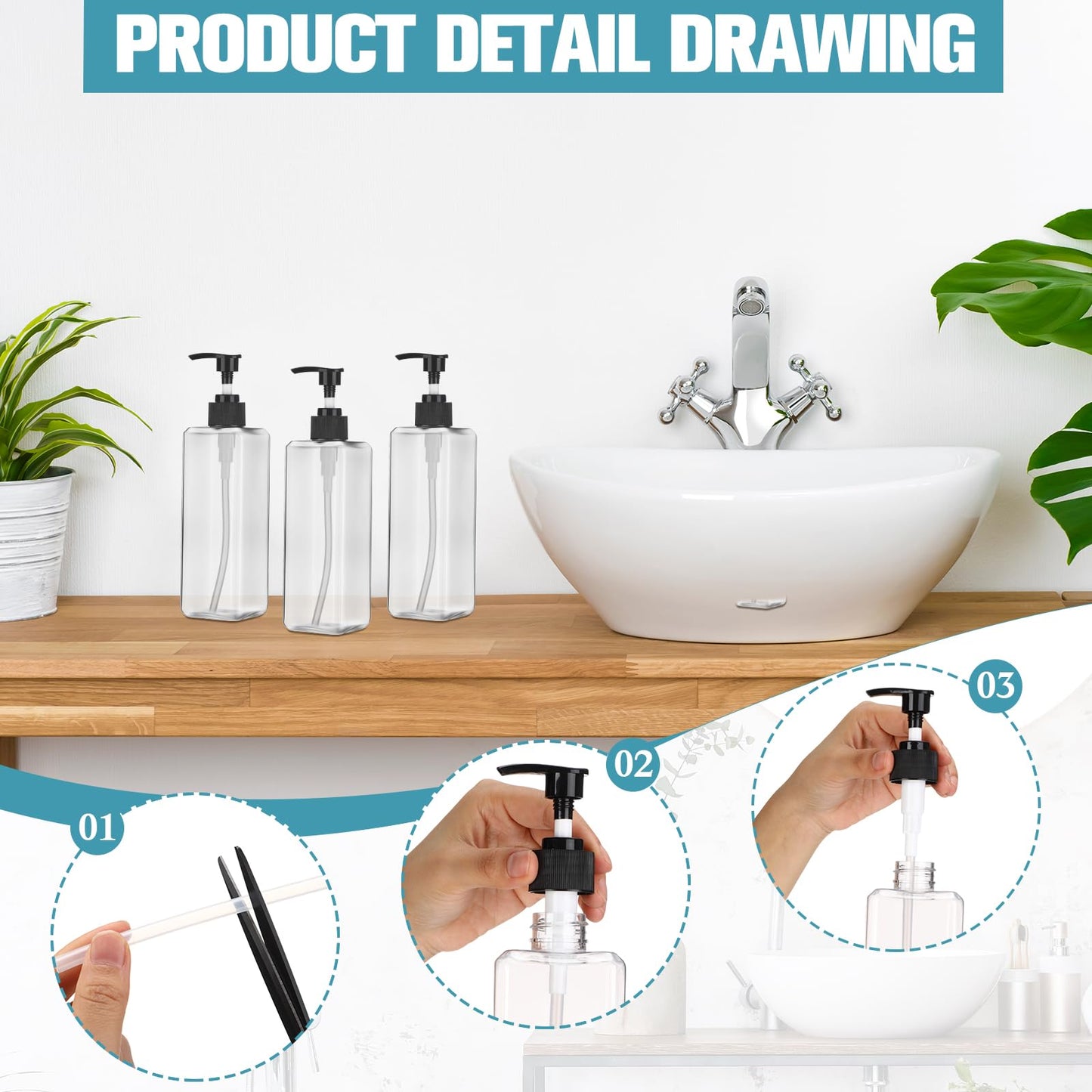 Didaey 8 Pcs Empty Shampoo Bottles with Pump 16 Oz Plastic Soap Dispenser Refillable Body Wash Bottles for Bathroom, Kitchen Sink, Hotel, Salon(Transparent, Black)