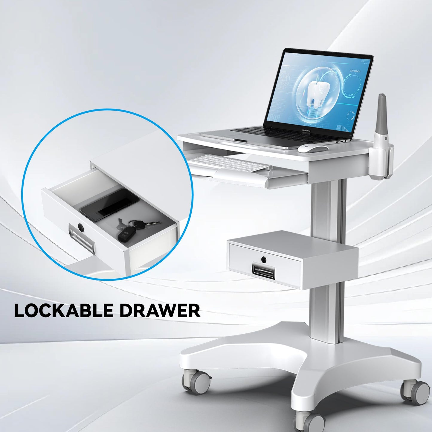 Yedaeop Medical Trolley Cart with Oral Scanner Holder, 30kg Load Laptop Tray Mobile Workstation on Wheels with a Drawer for Hospital Dental Clinics Beauty Salons