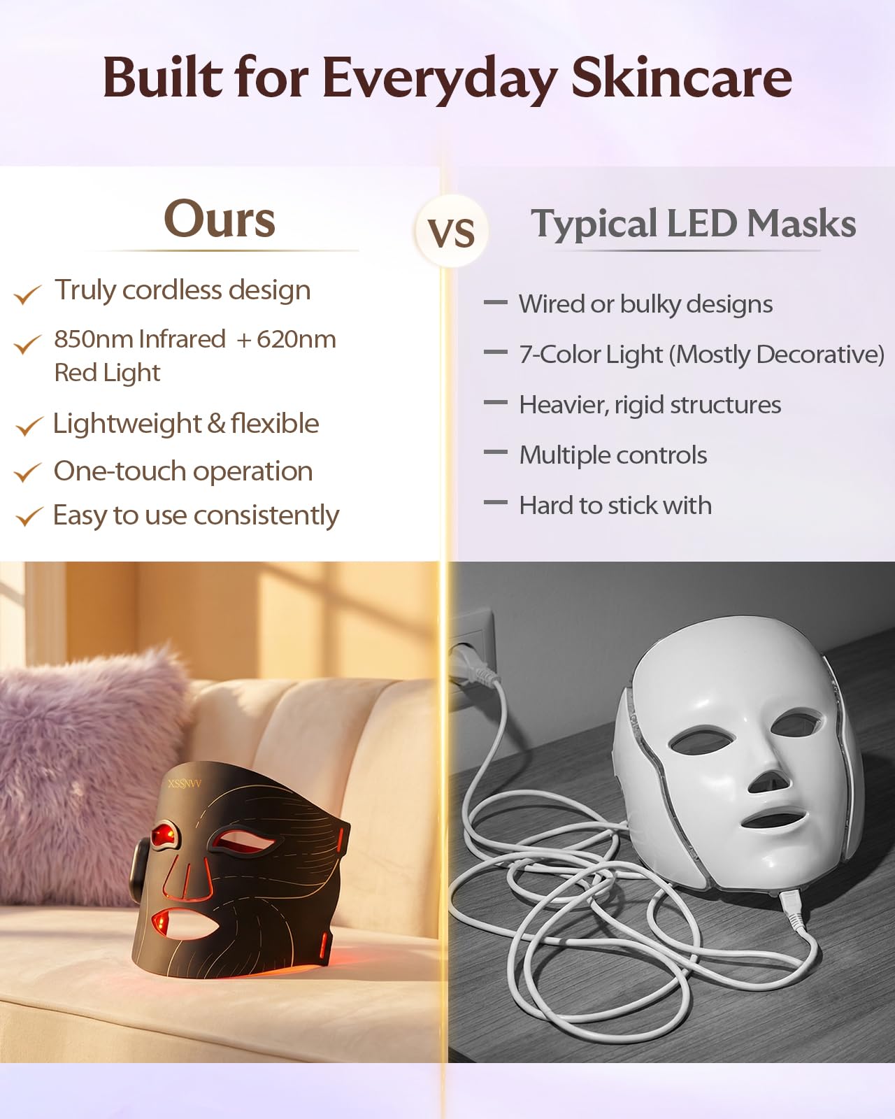 Red Light Therapy for Face, Cordless LED Face Mask with 4 Light Modes (NIR 850nm, Red 620nm, Blue, Amber), 272 LEDs, 10-Min Timer, Rechargeable for Glowing Skin at Home