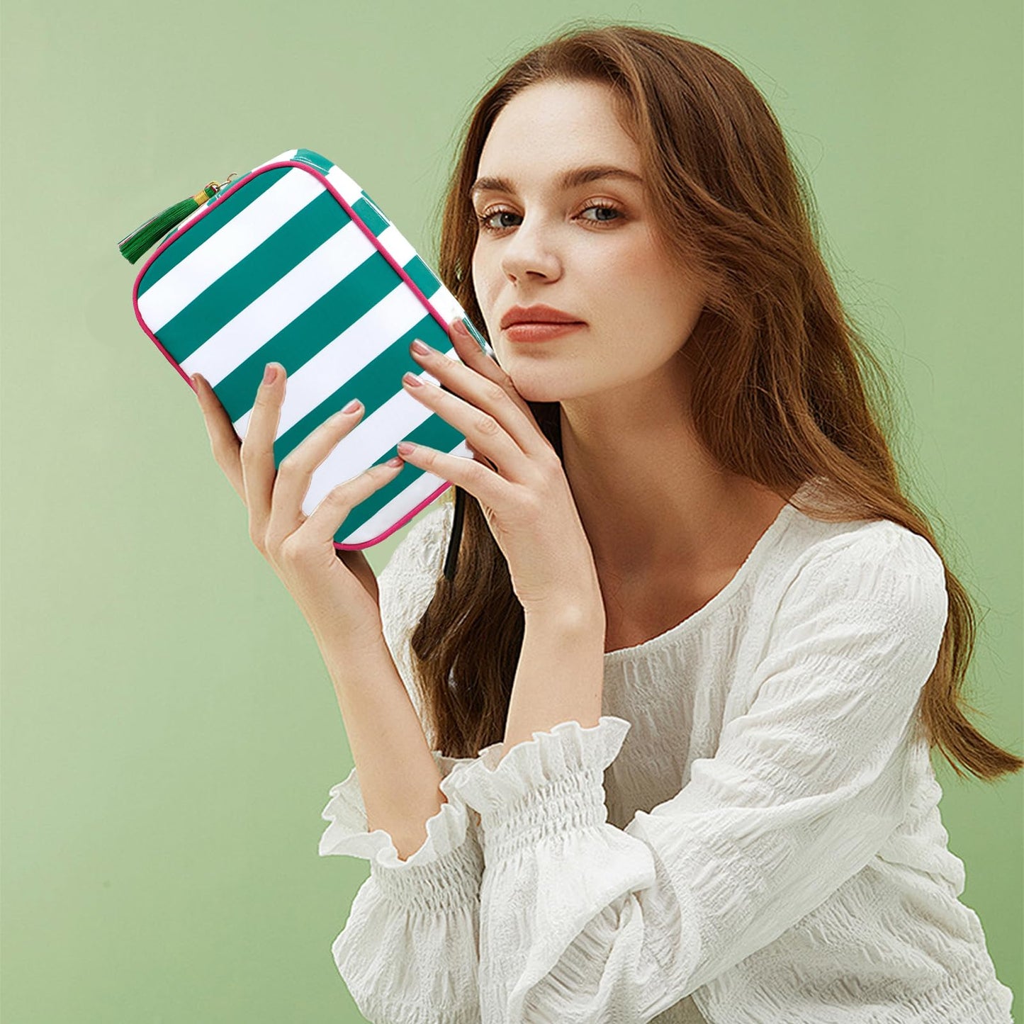EMBRUNIOICE Stripe Makeup Bag Travel Cosmetic Bag Organizer Tassel Toiletry Bag Large Canvas Zipper Pouch and Mahjong Tile Bag (White with Green)
