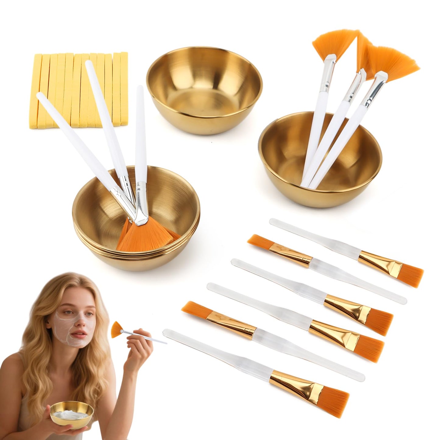 30Pcs Esthetician Supplies for Facials Set 6 Gold Facial Bowls Esthetician 6* Facial Brushes 6* Flat Brushes 12 Sponge Strips Face Cosmetic Applicators for Mask Mixing(COLOR:Gold)