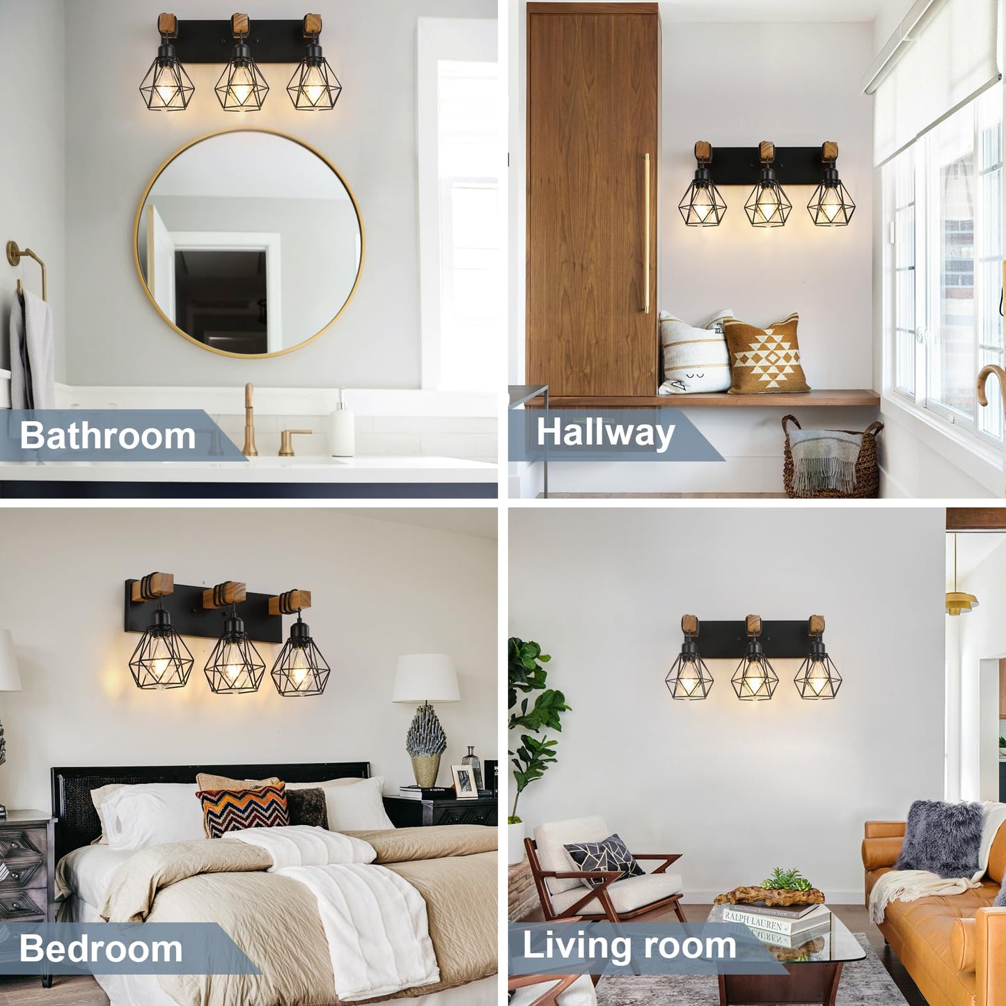 Farmhouse Vanity Light for Bathroom, 3-Light Wood Bathroom Vanity Light Fixtures Over Mirror, Black Rustic Sconces Wall Lighting with Metal Lampshade for Living Room, Bedroom, Hallway
