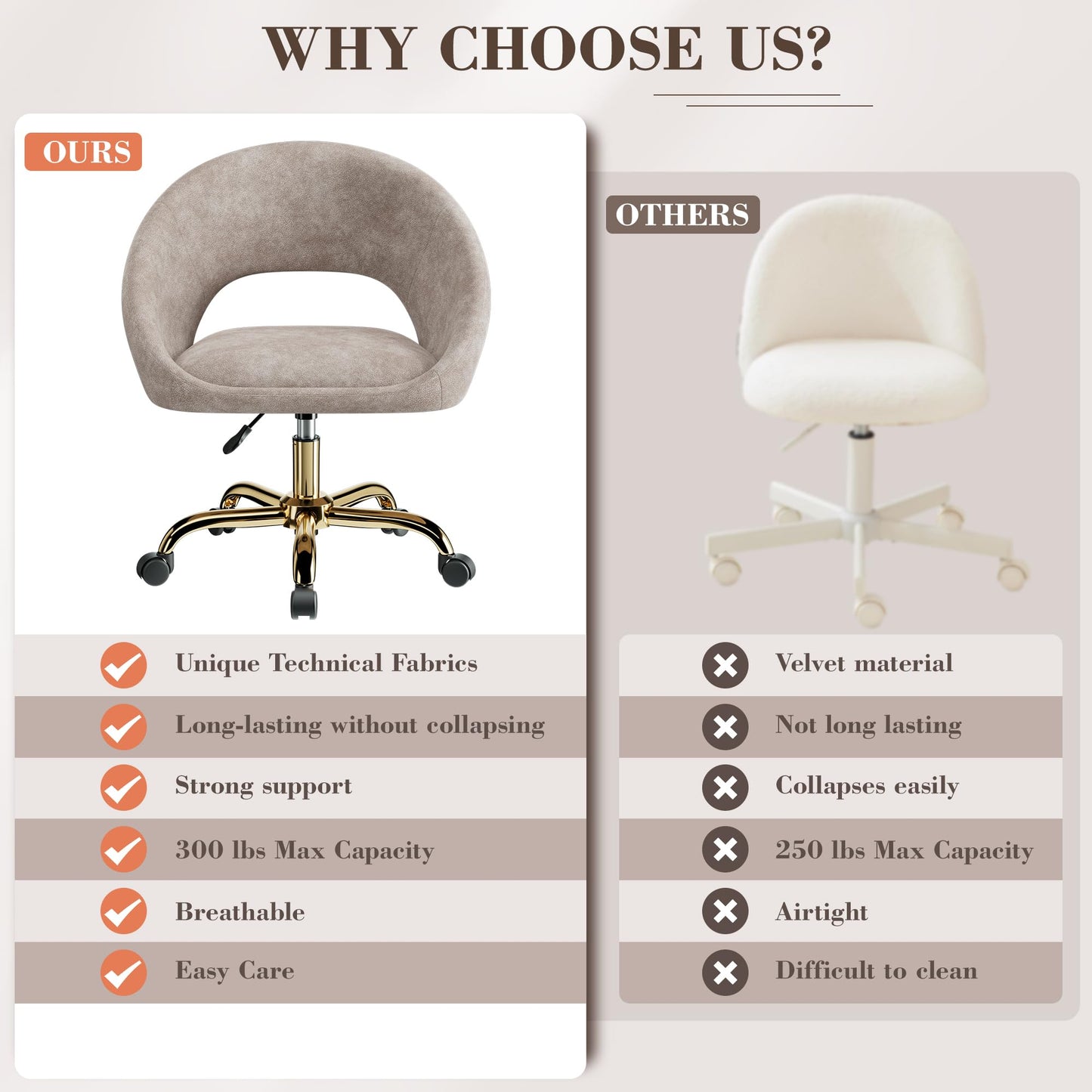 BestEra Vanity Chair with Wheels, Waterproof Modern Makeup Vanity Chairs with Back Adjustable Height, Comfy Cute Home Office Desk Chairs for Bedroom, Living Room (Khaki)