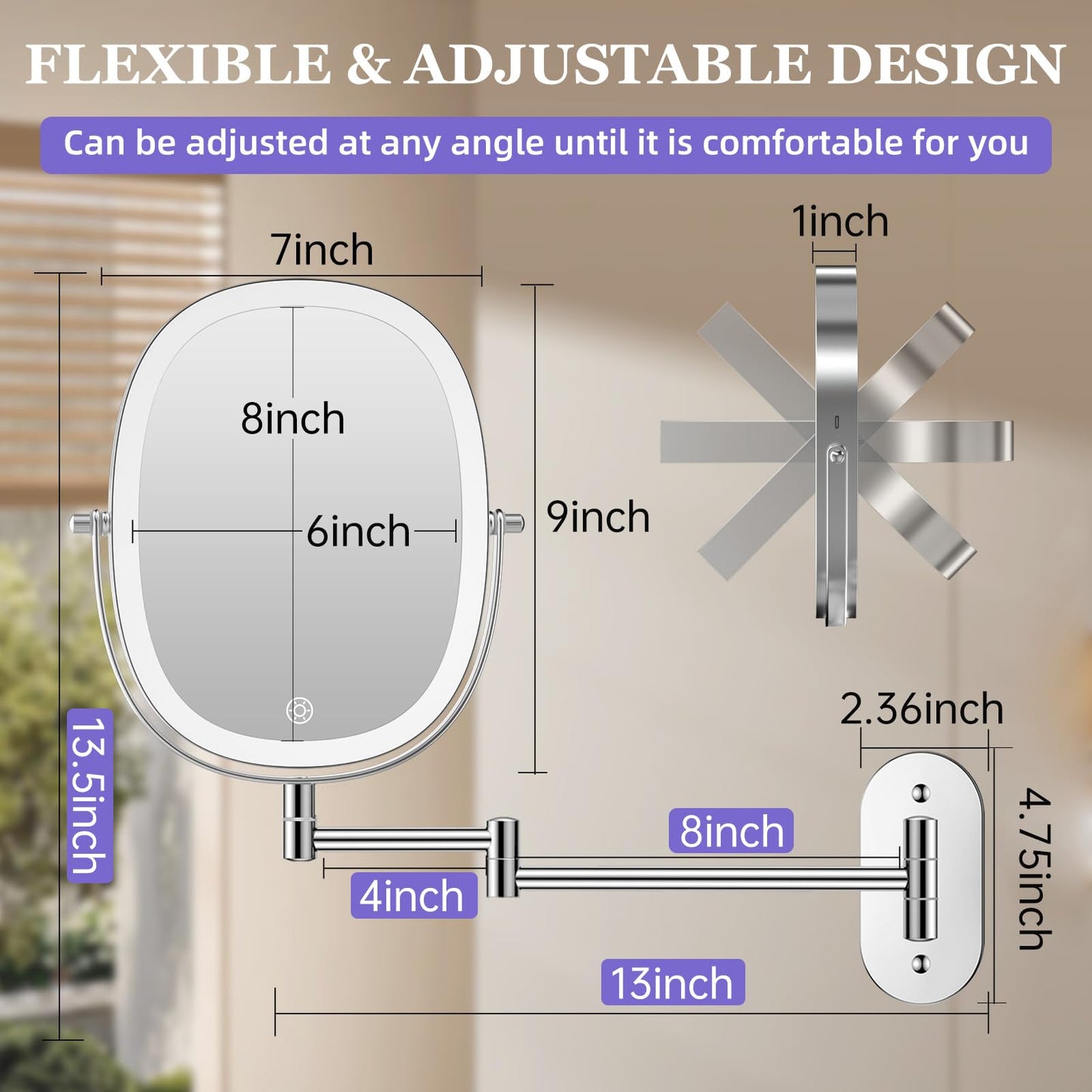 FUNTOUCH 30X/1X Wall Mounted Lighted Makeup Mirror,5000mAh Rechargeable Double Sided Magnifying Bathroom Lighted Mirror, 3 Color Modes Touch Dimmable Extended Arm 360 Rotation, Chrome