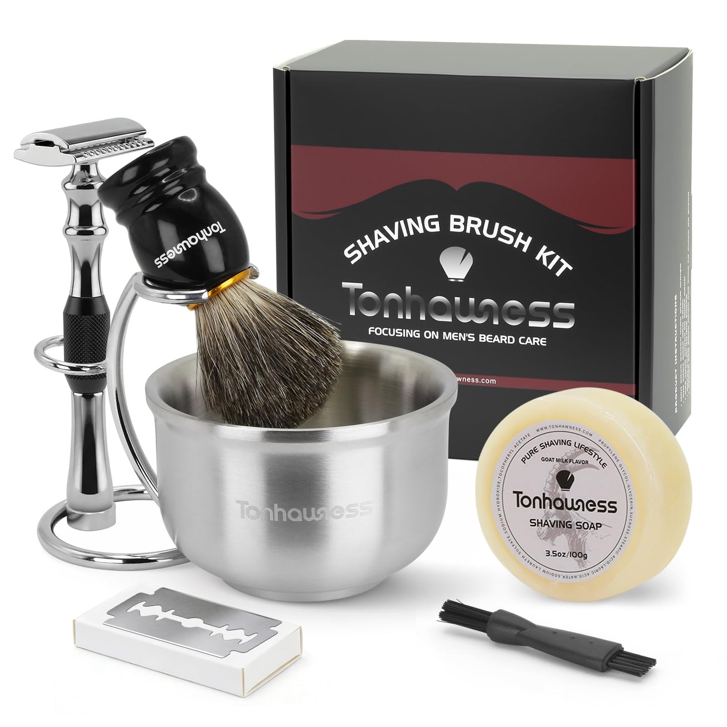 Shaving Brushes Set For Men, 5 In 1 Shaving Brush Kit Includes Badger Hair Shave Brush, Safety Men's Razor, Stainless Steel Shaving Bowl, Shaving Stand and Soap (Black Handle With Razor)