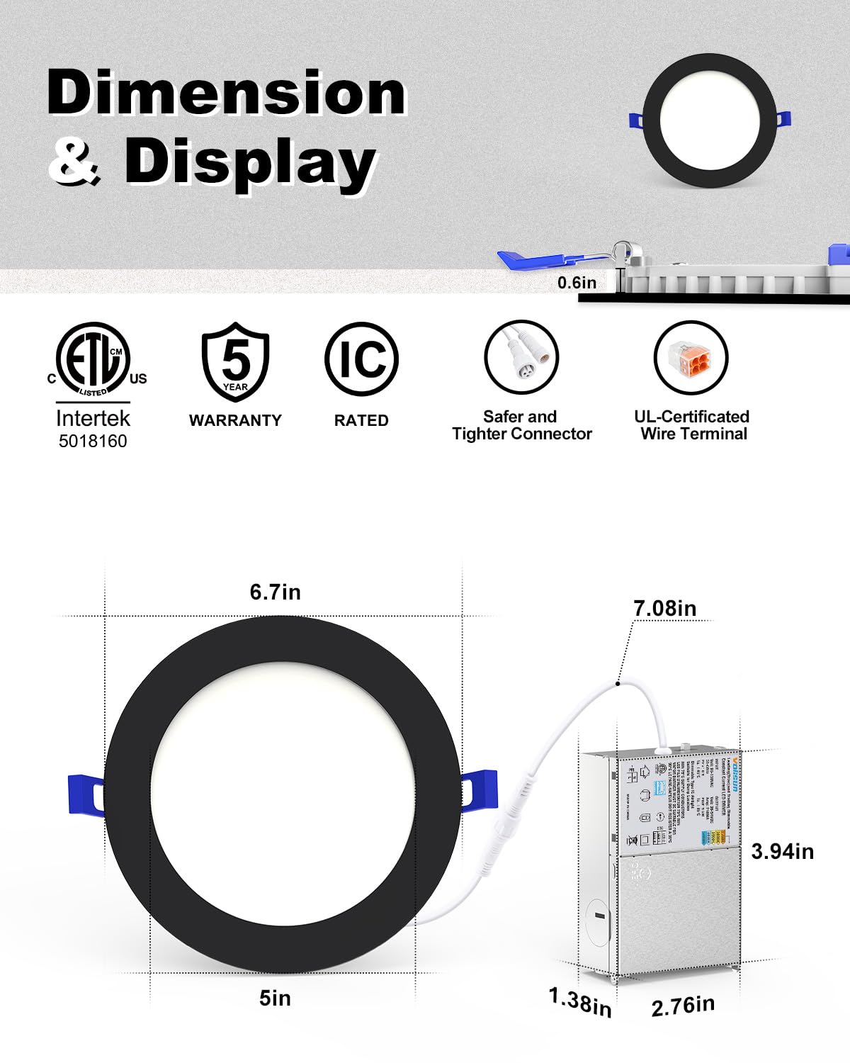 VOLISUN 12 Pack 6 Inch Black Recessed Light with Night Light, Canless LED Recessed Lighting 6 inch, 2700K-5000K Selectable, 12W=130W,1080LM Soffit Lighting Outdoor Recessed Light, ETL Certificated
