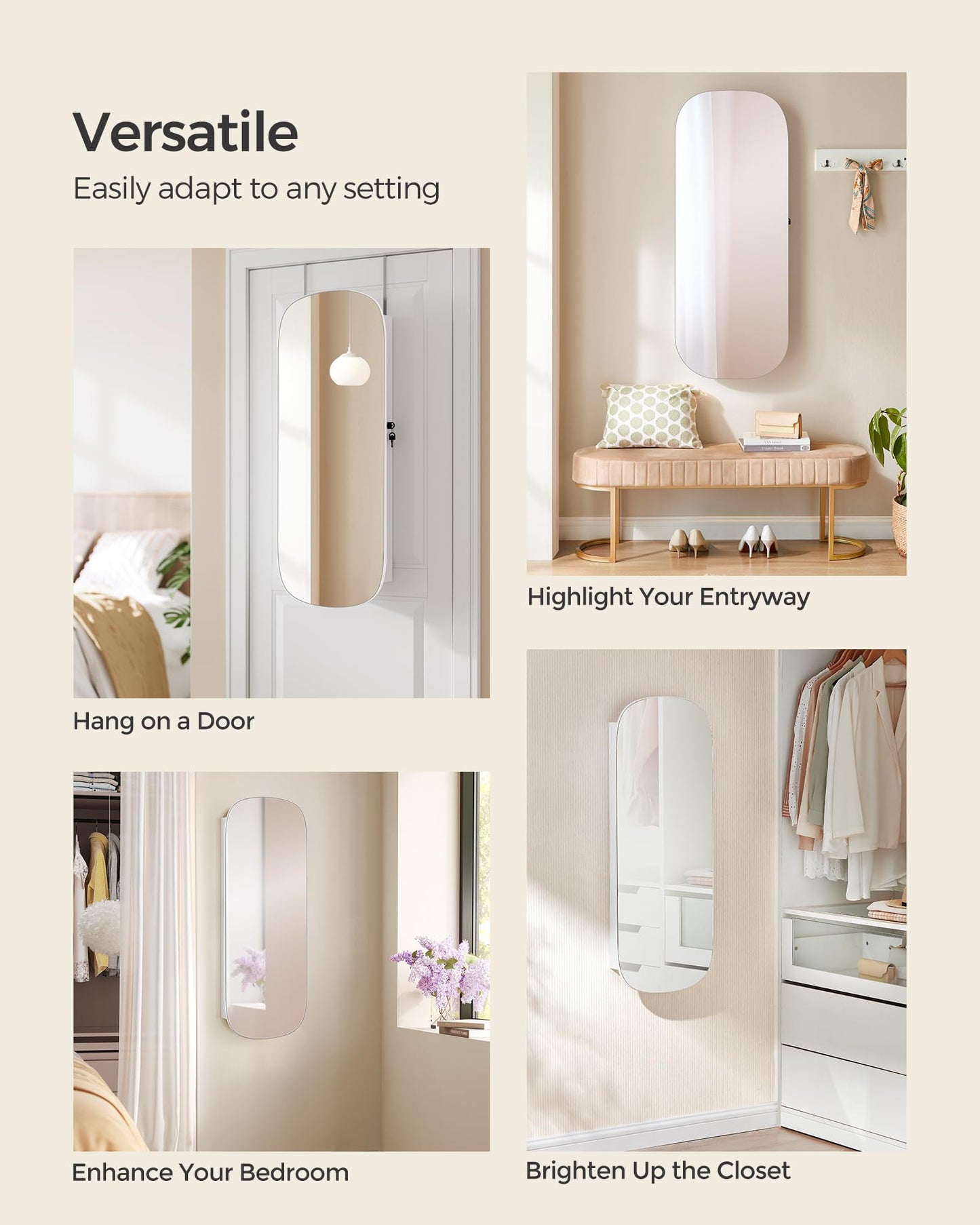SONGMICS Jewelry Organizer, LED Jewelry Cabinet Wall/Door Mounted, Lockable Rounded Wide Mirror with Storage, Interior Mirror, 3.9 x 16.5 x 42.5 Inches, White Surface with Greige Lining
