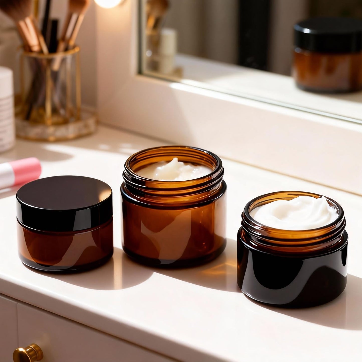 Amber Glass Jars with Lids, Hoa Kinh Total 16Pack 8oz 4oz, 2oz and 1oz Glass Jars with Lids Empty Cosmetic Containers Round Airtight Glass Jar with Inner Liners and Lid for Storing Lotions, Powders