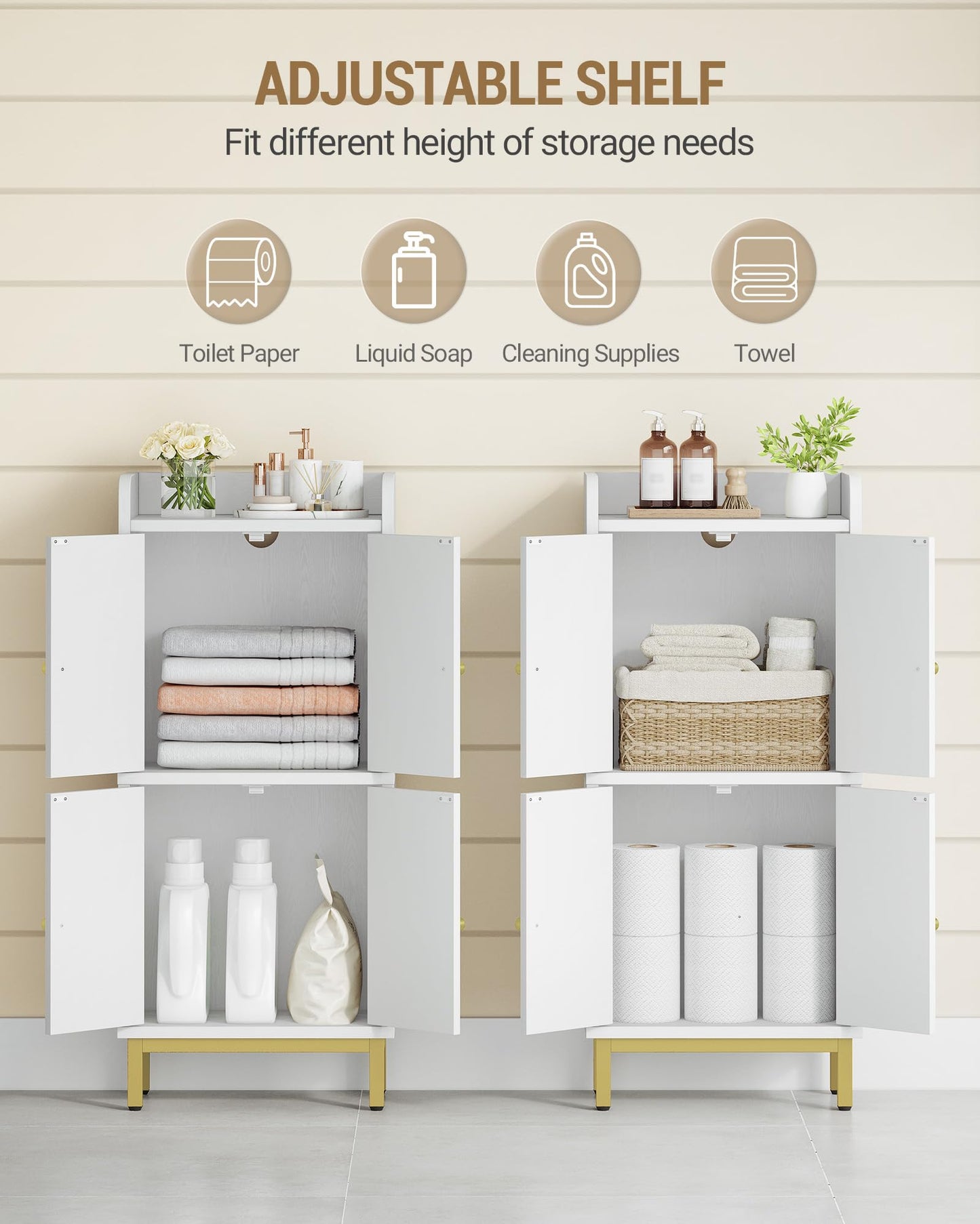 Hzuaneri Bathroom Cabinet, Small Storage Cabinet with 4 Doors, Bathroom Organizers and Storage Cabinets with Adjustable Feet. Cabinets Freestanding for Living Room, Kitchen, 7.1"D x 14.6"W x 32.7"H