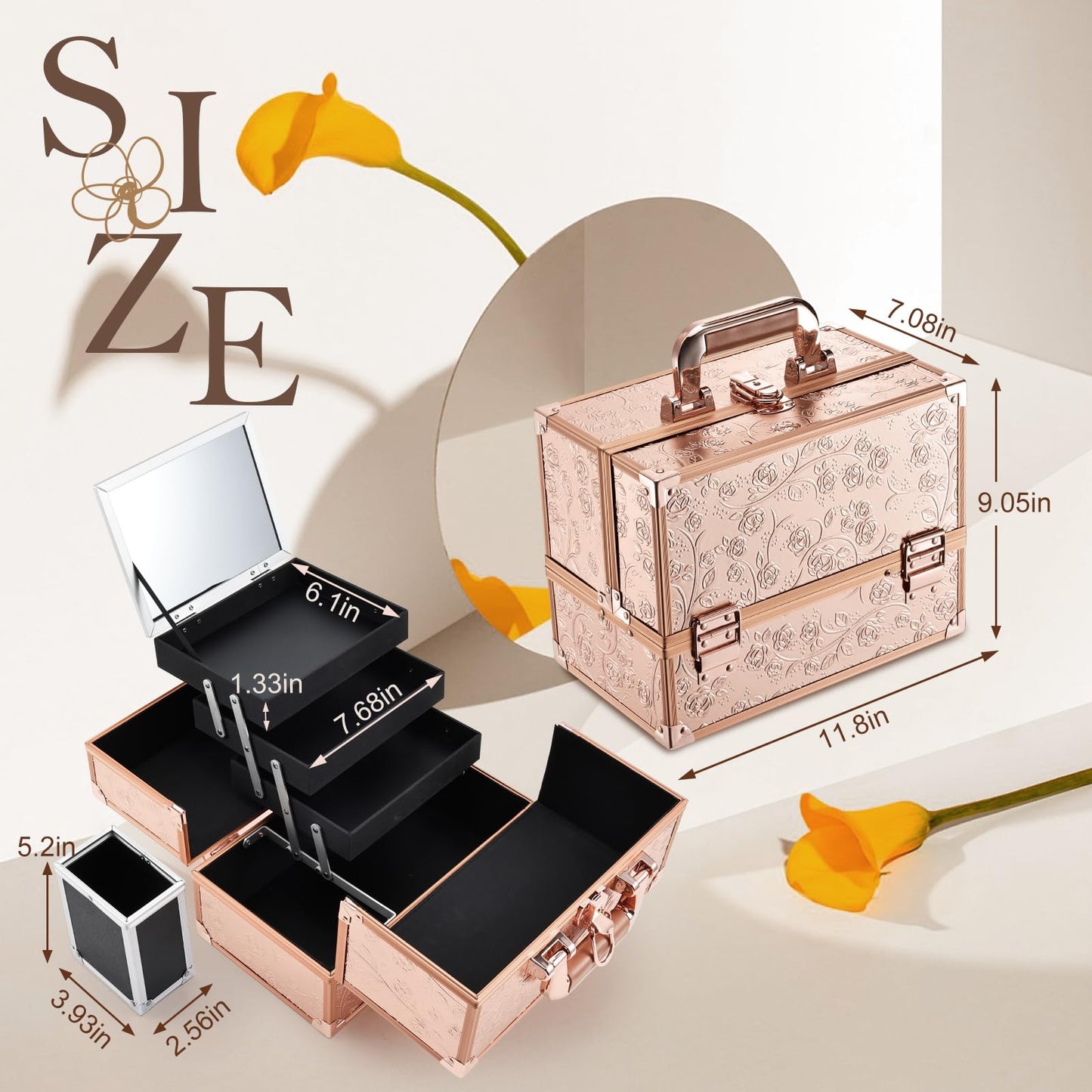 FRENESSA Makeup Case 11.8 Inch Makeup Organizer Case Large Cosmetic Box with Mirror Portable 3 Trays Travel Storage Box for Make Up Nail Tech Kits Cosmetology Case 3D Rose Gold Floral