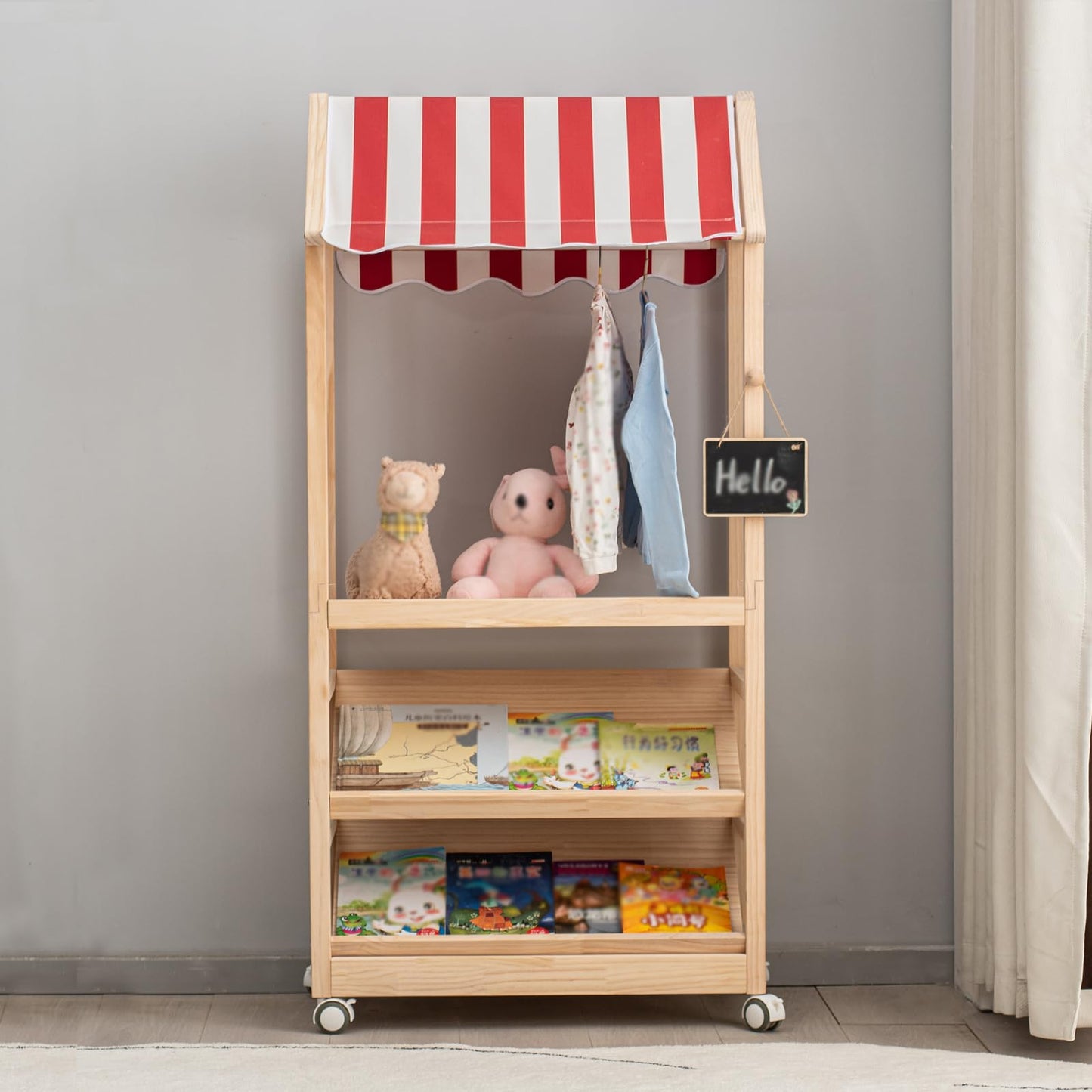 HaoGZMZFCL 3 Tier Wood Storage Rack with Lockable Casters for Easy Movement for Living Room Bed Room Wooden Storage Shelf Bookshelf Coat Rack for Books Toys Clothes, a Rod (Red & White roof)
