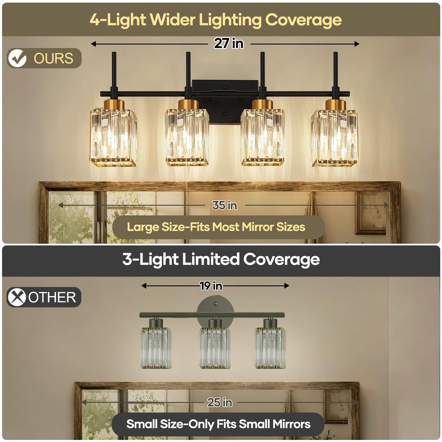 Torondo Modern Crystal Bathroom Vanity Light 4-Lights Gold Bathroom Light Fixtures Over Mirror Black and Gold Vanity Lighting Fixtures Gold Square Shade Brass Wall Sconce (Bulbs Not Include)