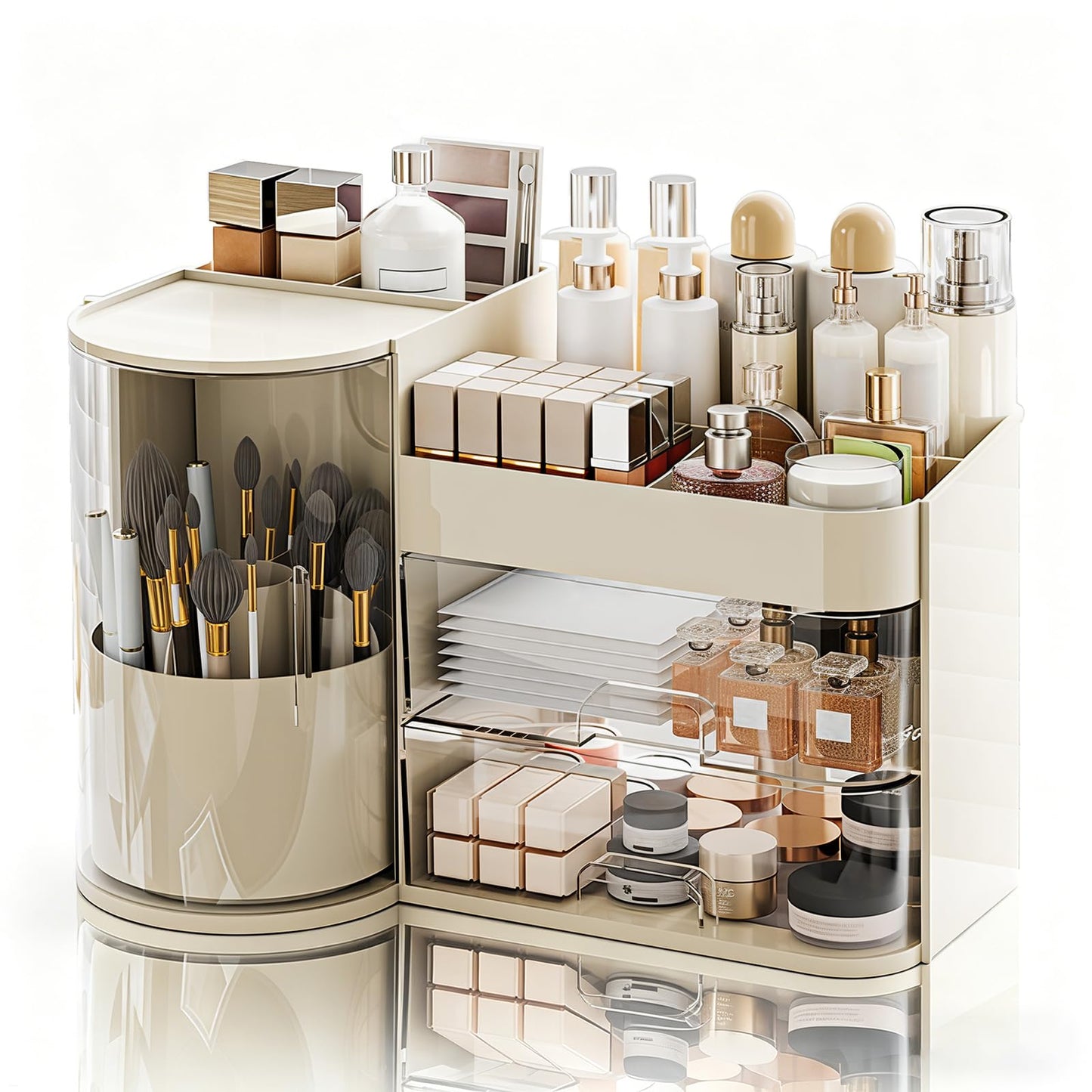 TIMBERHIDE Makeup Organizer,Rotating Cosmetic Storage Organizer with Drawers,Large Capacity Makeup Brush Holder,Skincare Vanity Organizer for Bathroom Countertop,Cream.