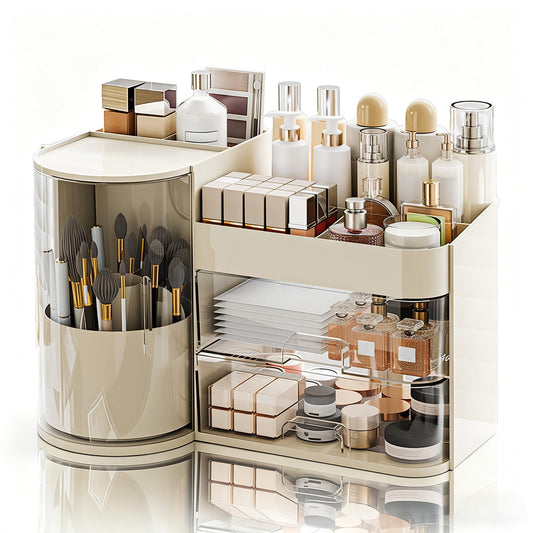 TIMBERHIDE Makeup Organizer,Rotating Cosmetic Storage Organizer with Drawers,Large Capacity Makeup Brush Holder,Skincare Vanity Organizer for Bathroom Countertop,Cream.