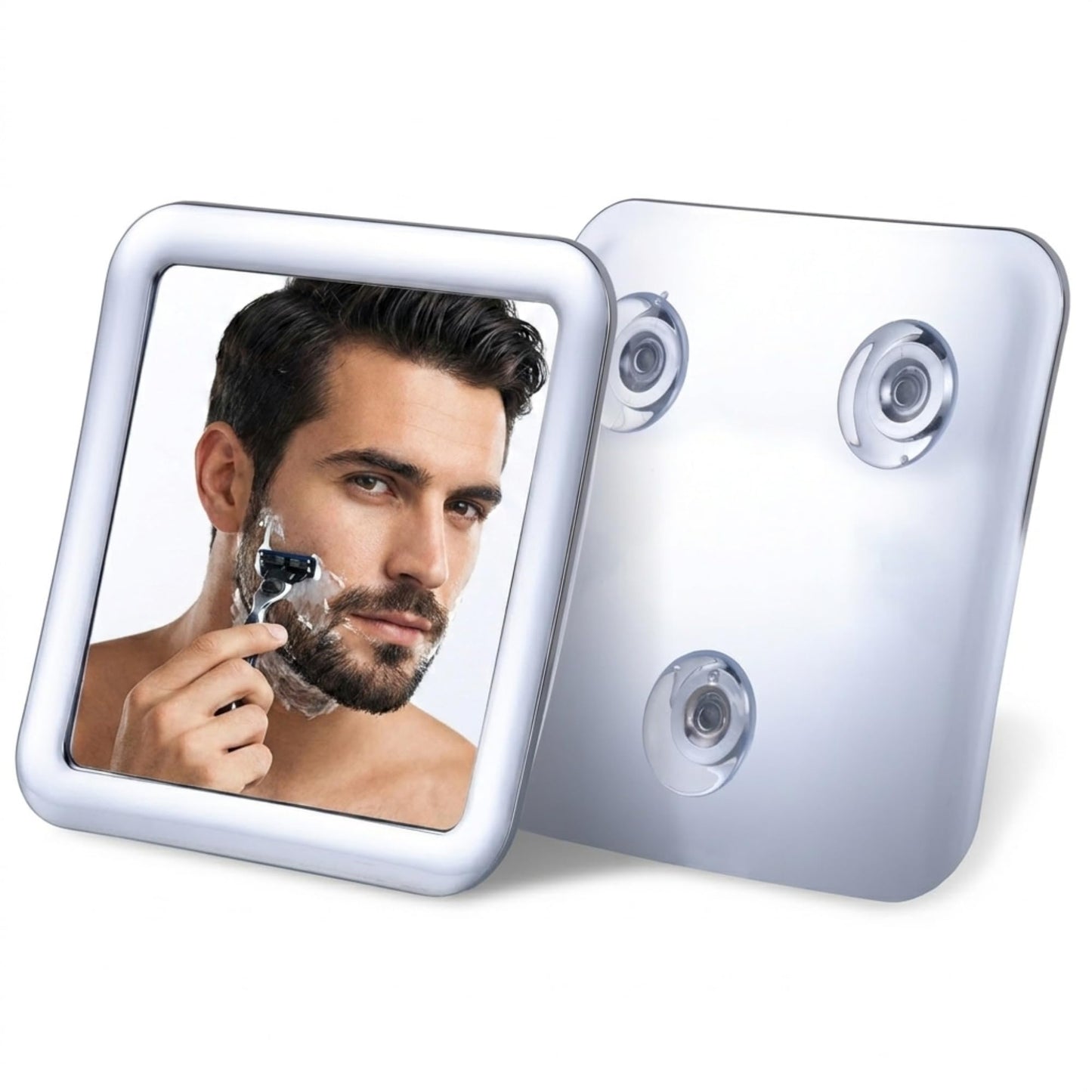 Travel Shower Mirror - Small Fogless Mirror with Triple Suction Cups - Antifog & Shatterproof Stick On Shaving Mirror for Bathroom and Travel - 5.3" x 5.3" (Chrome)