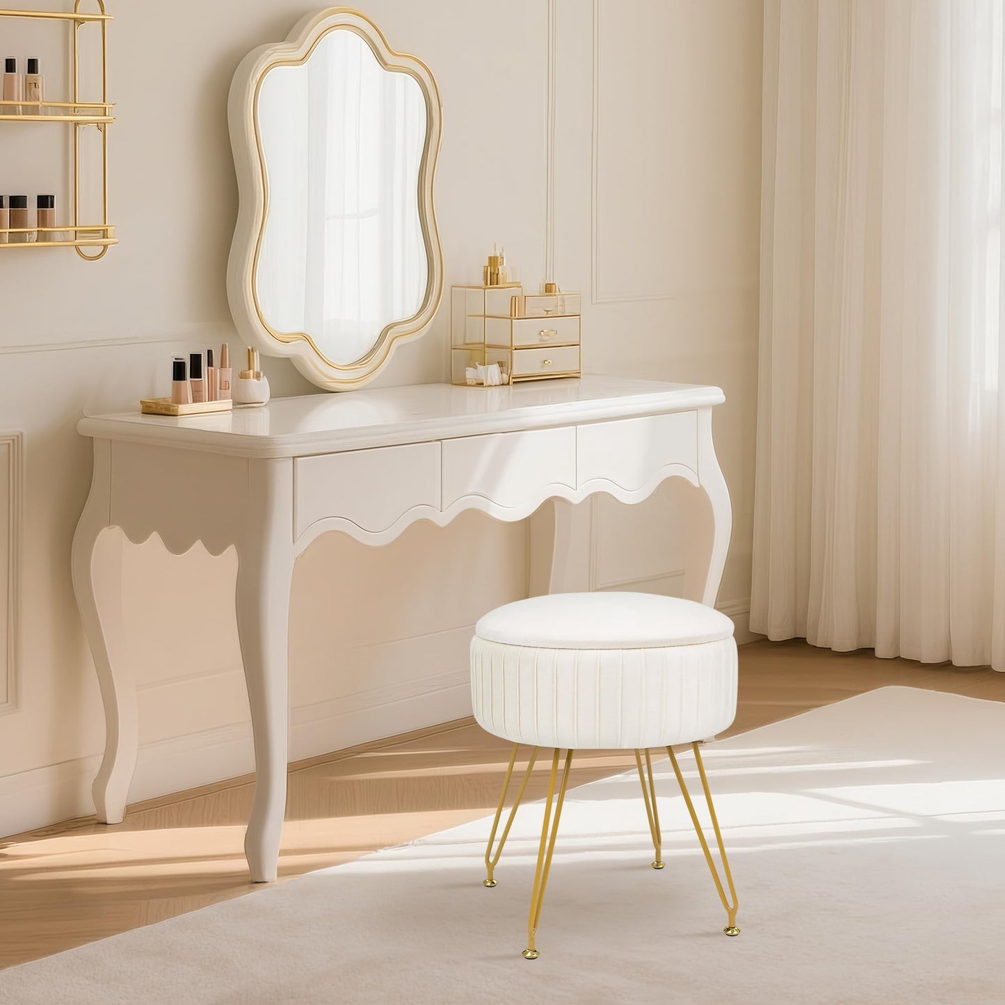 xupersodys Round Vanity Stool with Storage Ottoman,Vanity Chair for Makeup Room with Removable Cover, Small Footrest Ottoman for Home, Living Room, Bedroom (Beige)