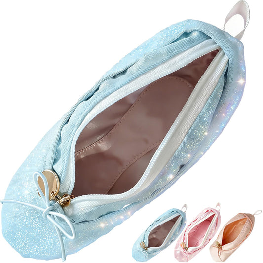 Newly Upgraded Ballet Makeup Bag, Shining Cosmetic Bag Blue Frozen Dance Recital Gifts, Ballet Shoe Cute Pencil Case Ballerina Gifts Small Makeup Slipper Pouch Mini Dance Bag for Dancer Birthday Gifts