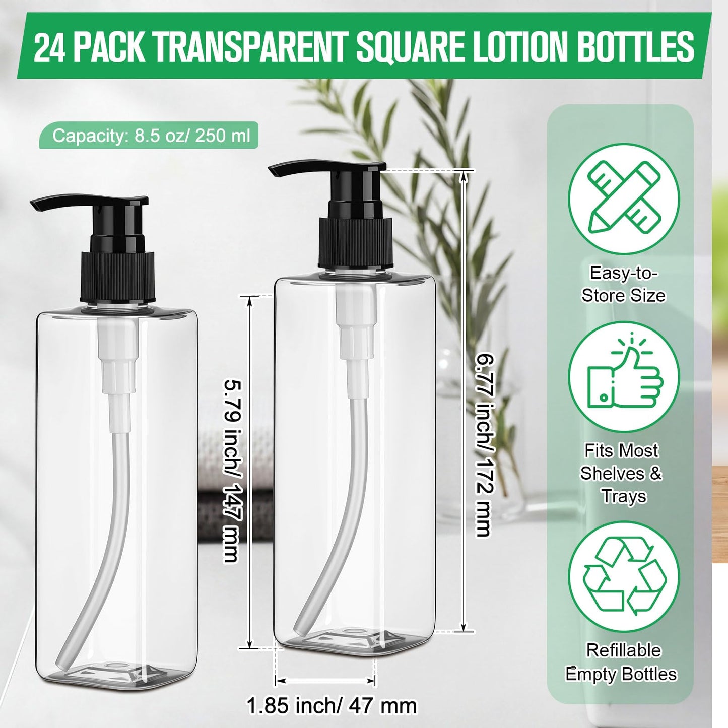 Chunful 24 Pcs Soap Dispensers Plastic Pump Bottles 8.5 oz Refillable Dishwashing Liquid Dispenser with Pump Leakproof Empty Lotion Shampoo Bottles Containers (Clear)