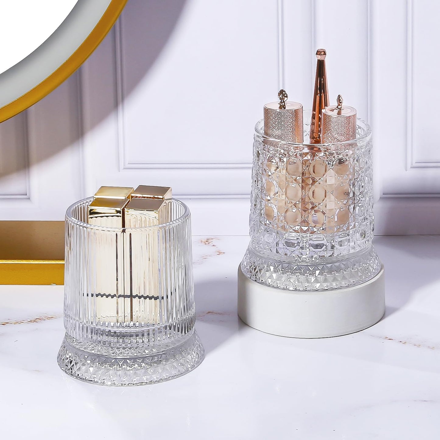 DASITON Makeup Brush Holder Organizer, Crystal Cosmetic Brushes Storage Holder Glass Makeup Organizer, 360° Rotating Make Up Brush Cup for Vanity, Dresser, Bathroom, Pen Pencil Holder for Desk (Clear)