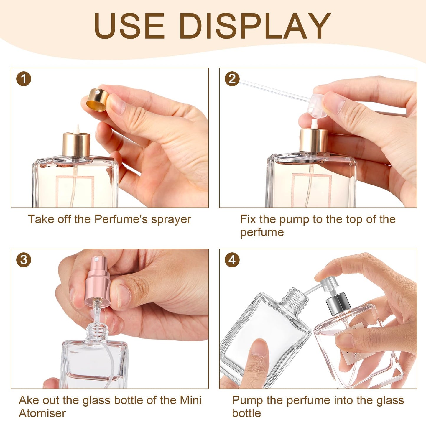 Domensi 30 Pcs 10/15/30/50 ml Glass Square Perfume Bottles Mini Glass Empty Spray Atomizer Bottles Bulk Refillable Perfume Dispenser Container with Pump Tool for Travel (15 ml,Rose Gold)
