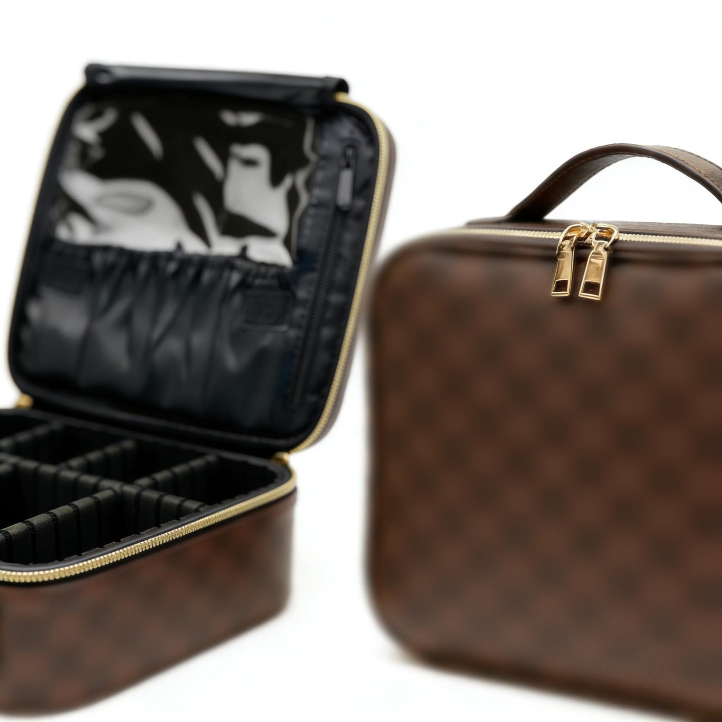 WIRIBEY Portable Makeup Bag with Brush Slots and Dividers - Checkered Toiletry Box for Standard Brushes & Palettes, Retro PU Leather Vanity Case with Gold Zipper for Dressing Table