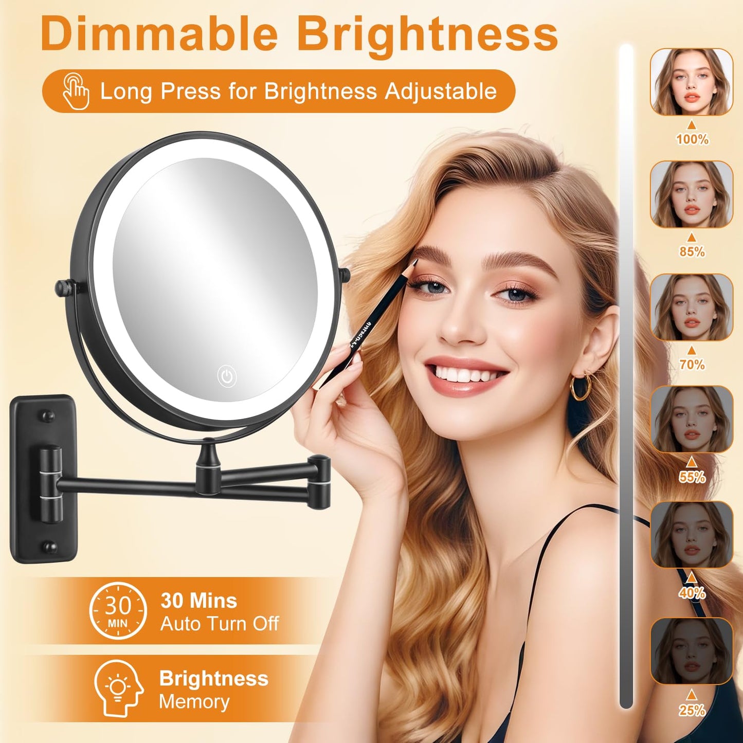 DECLUTTR 1X/30X Wall Mounted Lighted Makeup Mirror, 8" Rechargeable Double Sided Magnifying Mirror with Light, 3 Color Lights Touch Dimmable, Extended Swivel Makeup Mirror