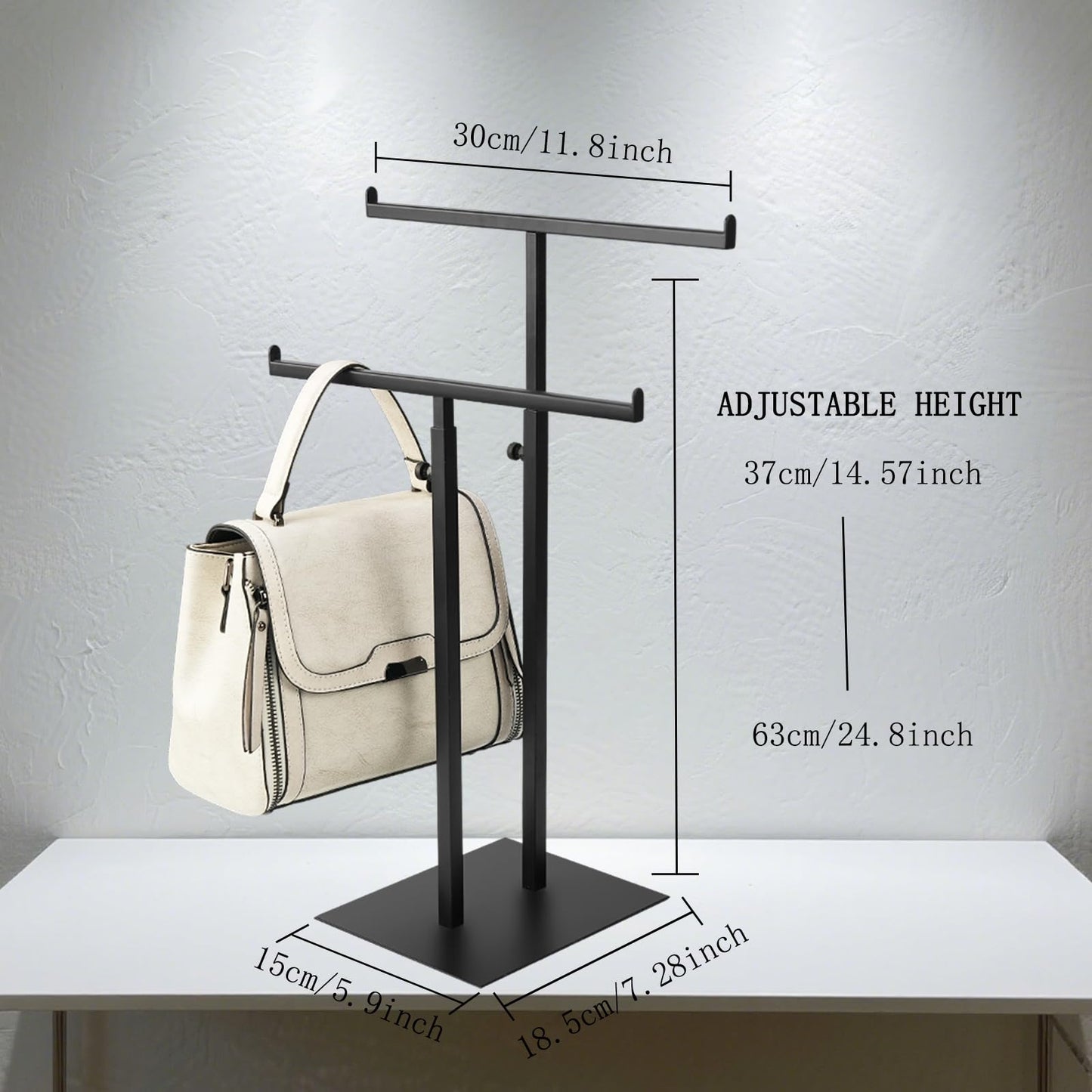 Purse Display Stand Jewelry Towers, Black Double T-Shaped Tabletop Stainless Steel Hook Hanging Adjustable Height Handbag Holder for Organizer Luxury Bags Necklaces Home Store Boutique Retail Closet