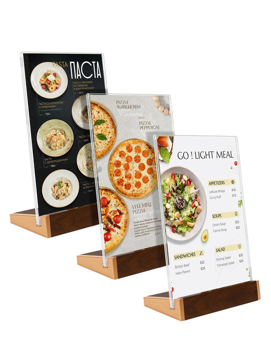 AetJxixee Acrylic Sign Holder 5X7 Inch with Wood-Color Base, Clear Vertical Tabletop Display Stand for Menu, Flyer, Photo, Stable Frame for Restaurant, Coffee Shop, Hotel, Office, Easy Use 3 Pack